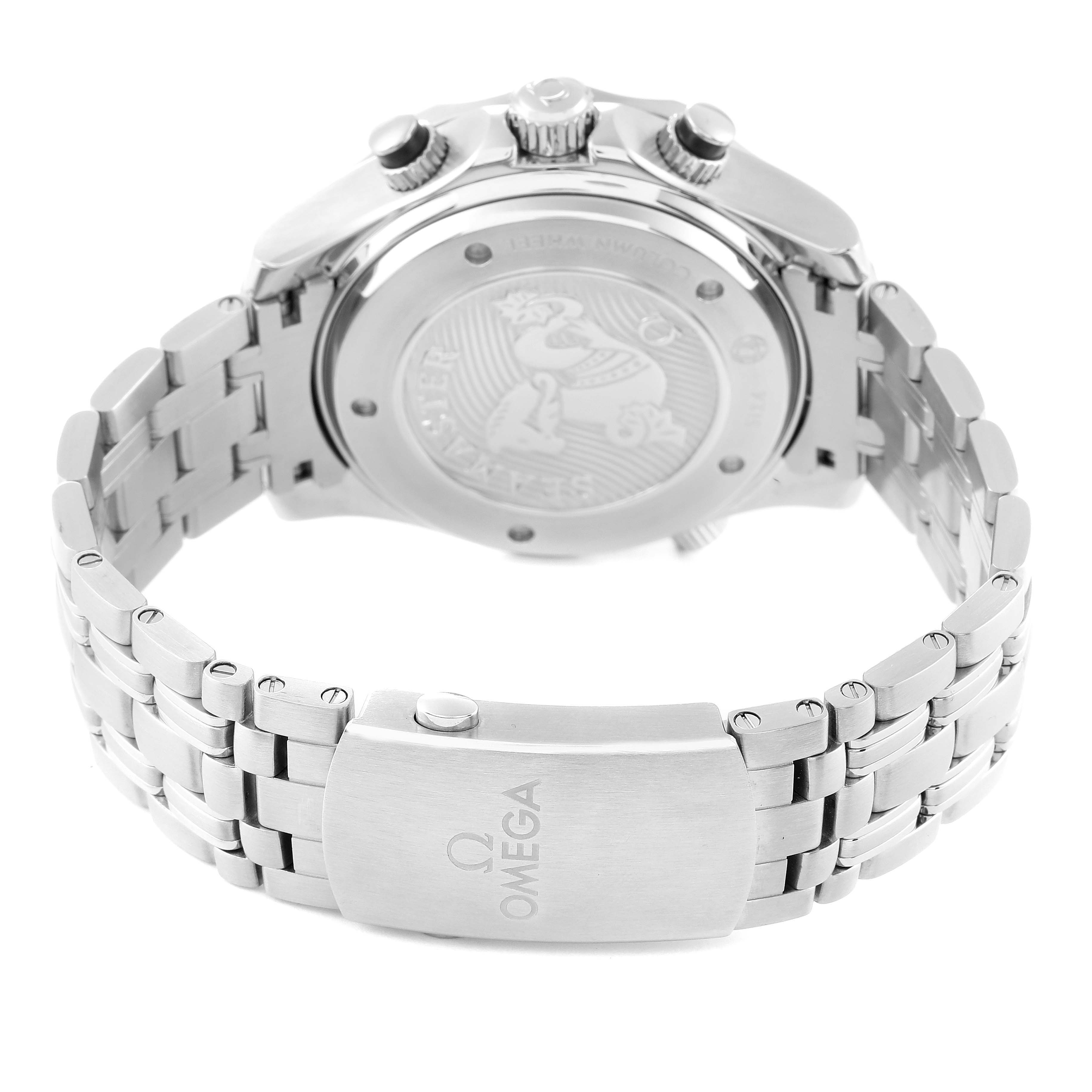 The image shows the back view and clasp of an Omega Seamaster 212.30.44.50.01.002 Men's Stainless Steel Black Dial 212.30.44.50.01.002 Men's Stainless Steel Black Dial, highlighting the bracelet, case back, and deployment clasp.