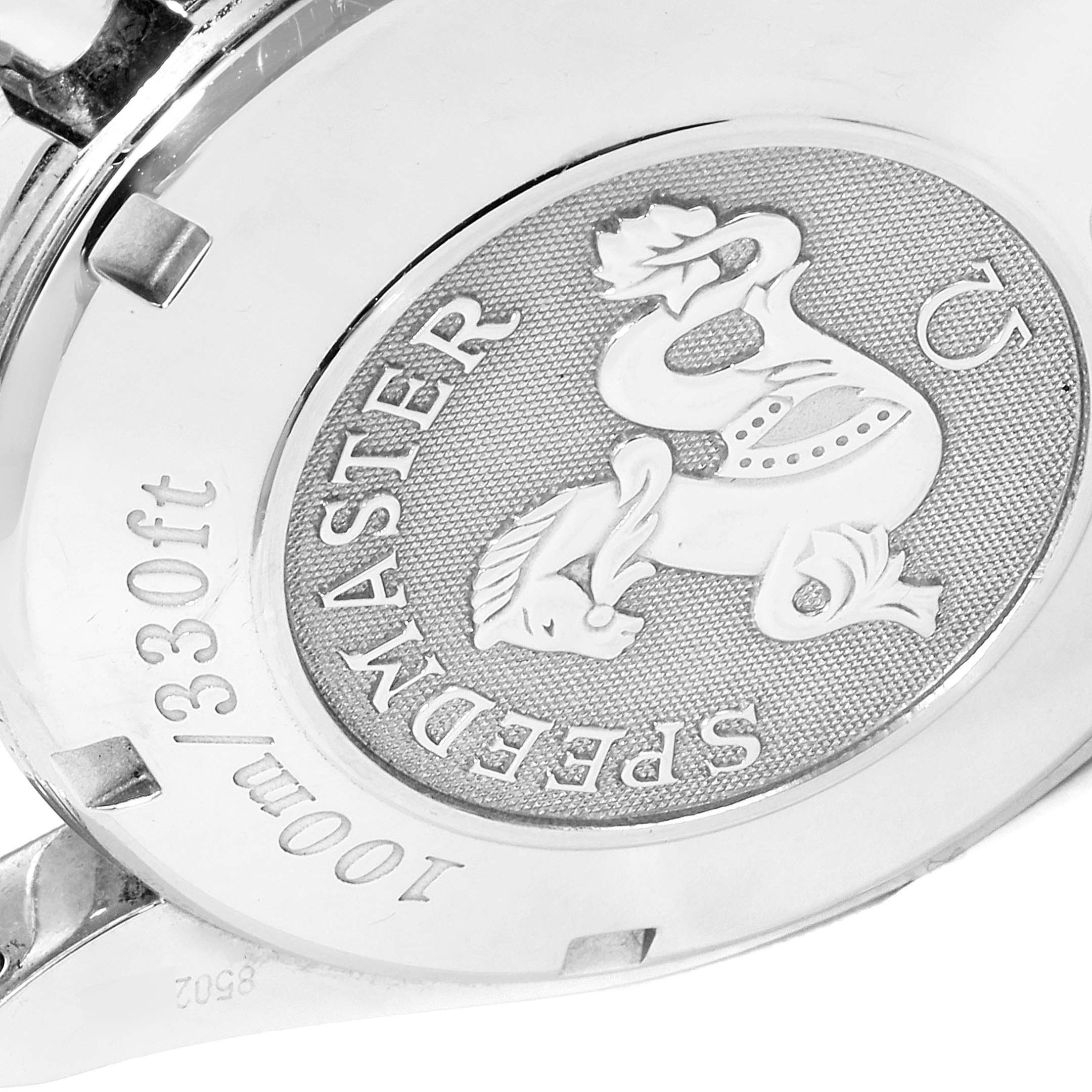 This image shows the case back of an Omega Speedmaster 3220.50.00 Men
s Stainless Steel Black Dial 3220.50.00 Men
s Stainless Steel Black Dial watch, featuring engraved details and the model
s emblem.