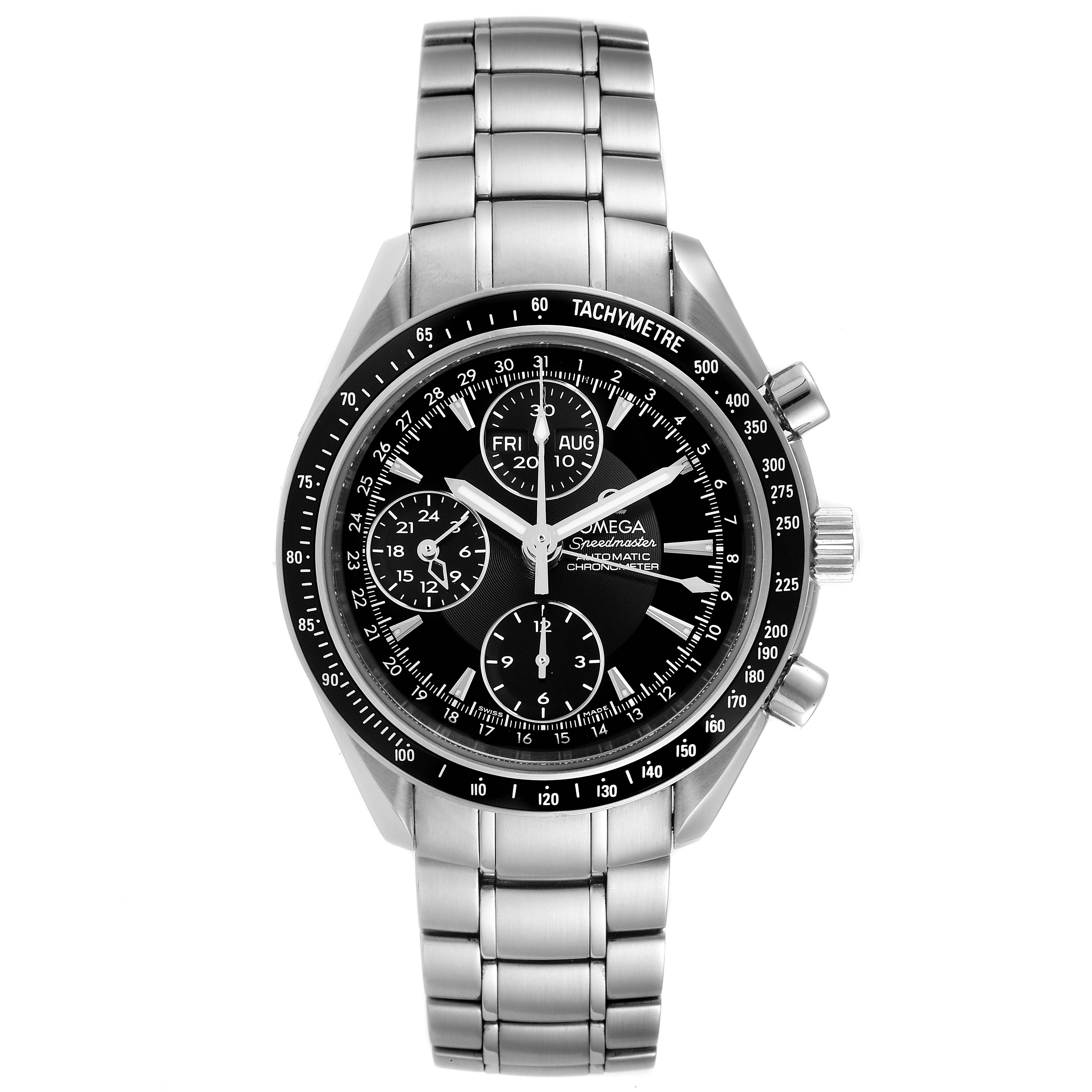 This image shows a frontal view of the Omega Speedmaster 3220.50.00 Men
s Stainless Steel Black Dial 3220.50.00 Men
s Stainless Steel Black Dial watch, highlighting its dial, bezel, and metal bracelet.