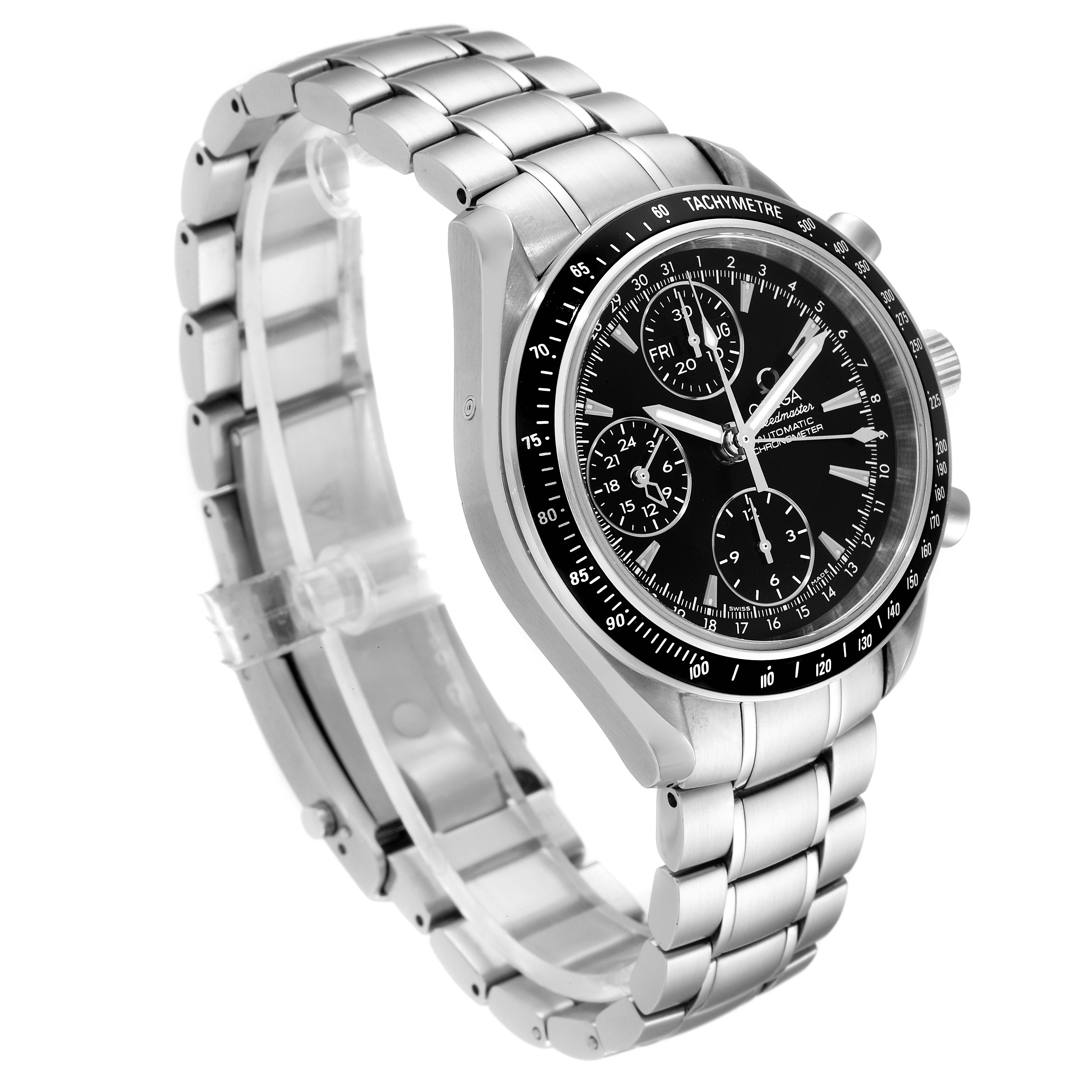 This image shows an Omega Speedmaster 3220.50.00 Men
s Stainless Steel Black Dial 3220.50.00 Men
s Stainless Steel Black Dial watch at a three-quarter angle, highlighting its face, bezel, and metal bracelet.