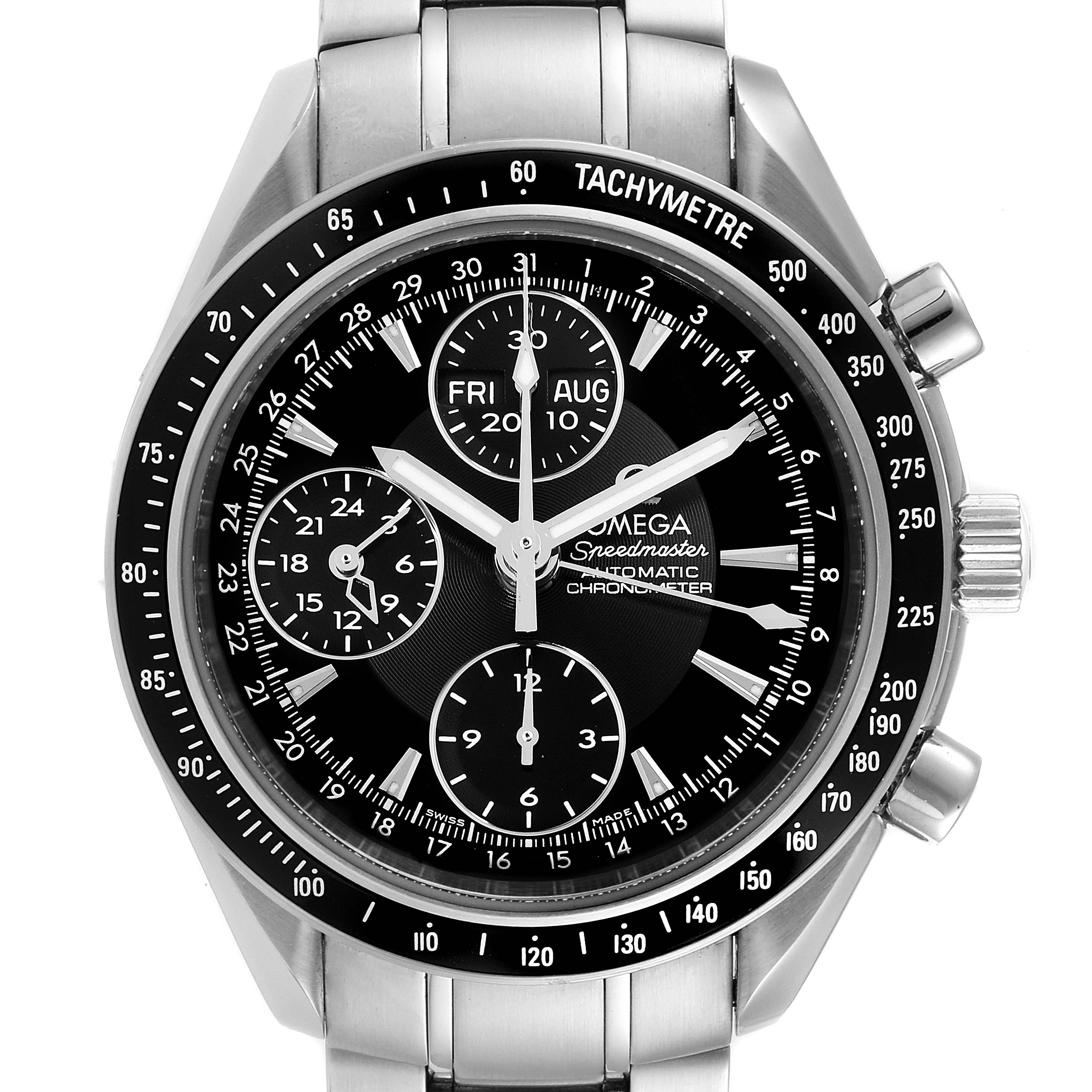 The image shows a front view of an Omega Speedmaster 3220.50.00 Men
s Stainless Steel Black Dial 3220.50.00 Men
s Stainless Steel Black Dial watch, highlighting its dial, subdials, tachymeter bezel, and stainless steel bracelet.