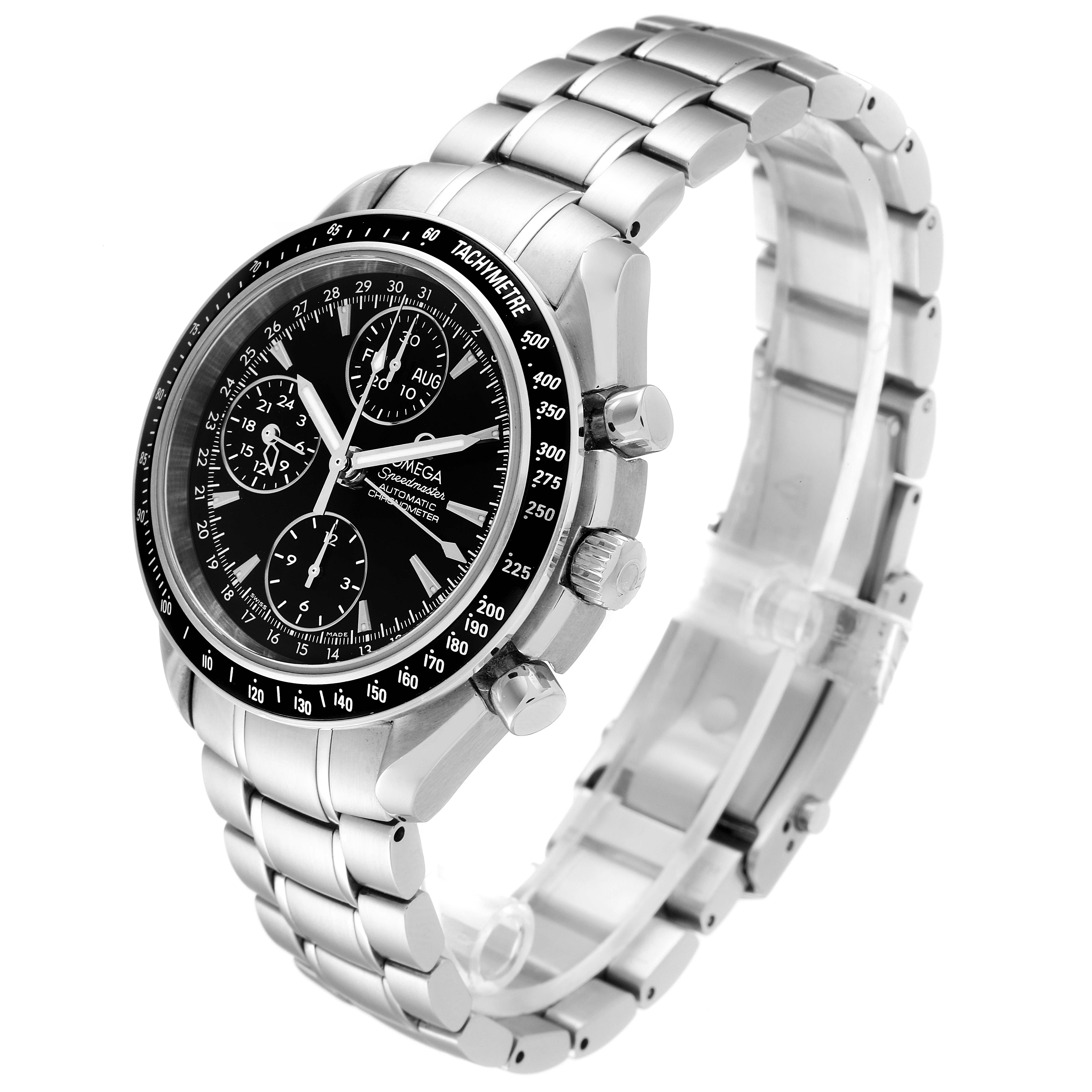 The image shows an Omega Speedmaster 3220.50.00 Men
s Stainless Steel Black Dial 3220.50.00 Men
s Stainless Steel Black Dial watch at a slight angle, highlighting the face, bezel, buttons, and metal bracelet.