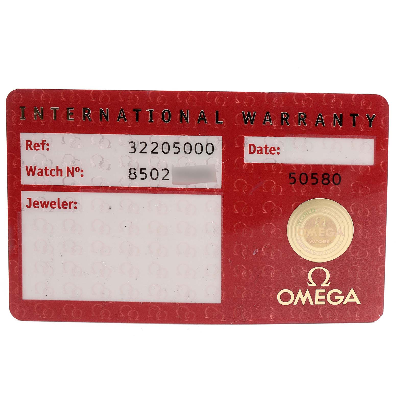 The image shows the international warranty card for an Omega Speedmaster 3220.50.00 Men
s Stainless Steel Black Dial 3220.50.00 Men
s Stainless Steel Black Dial watch, displaying reference numbers, watch number, and a date.