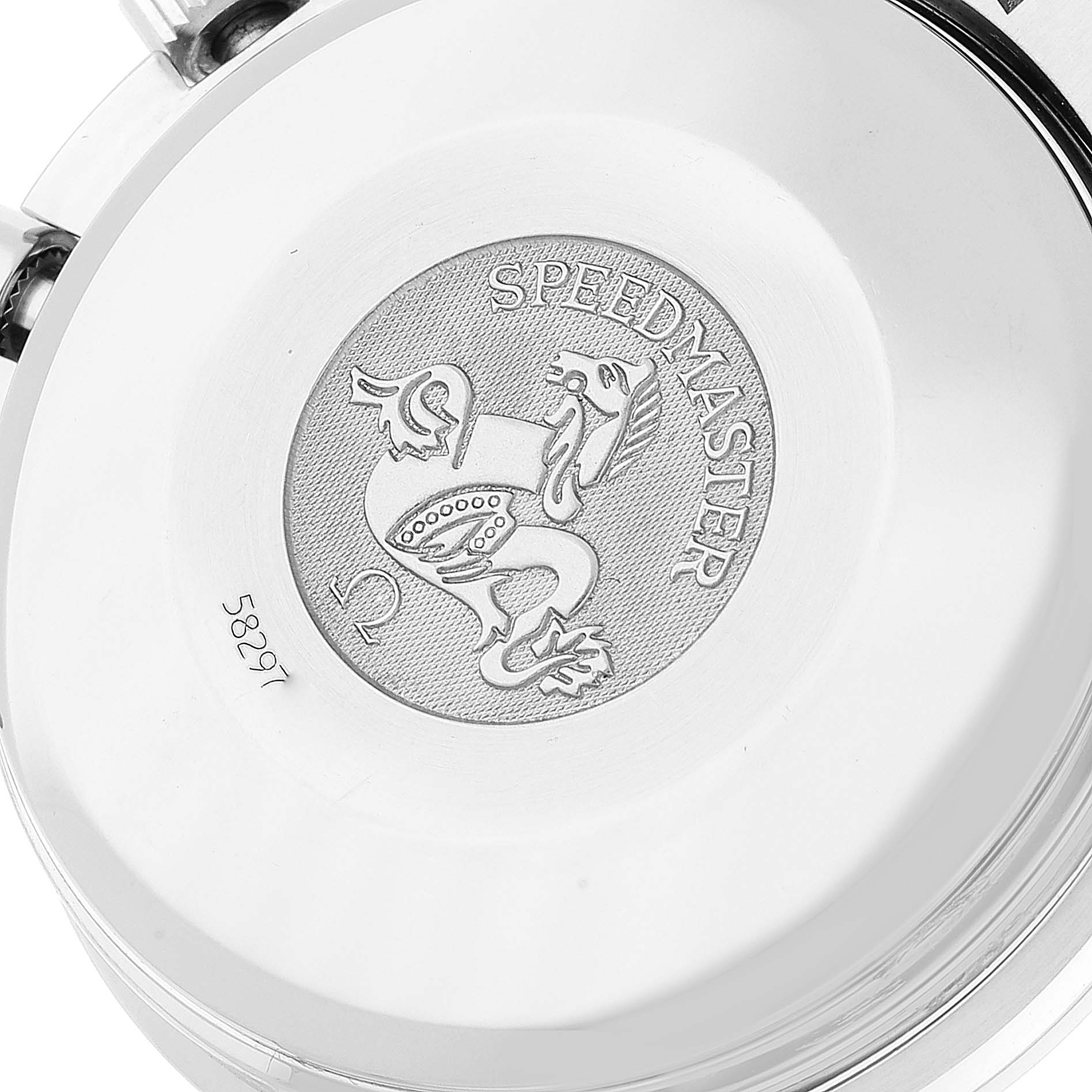 This image shows the back case of the Omega Speedmaster 3520.50.00 Men
s Stainless Steel Black Dial 3520.50.00 Men
s Stainless Steel Black Dial watch with engraving details.