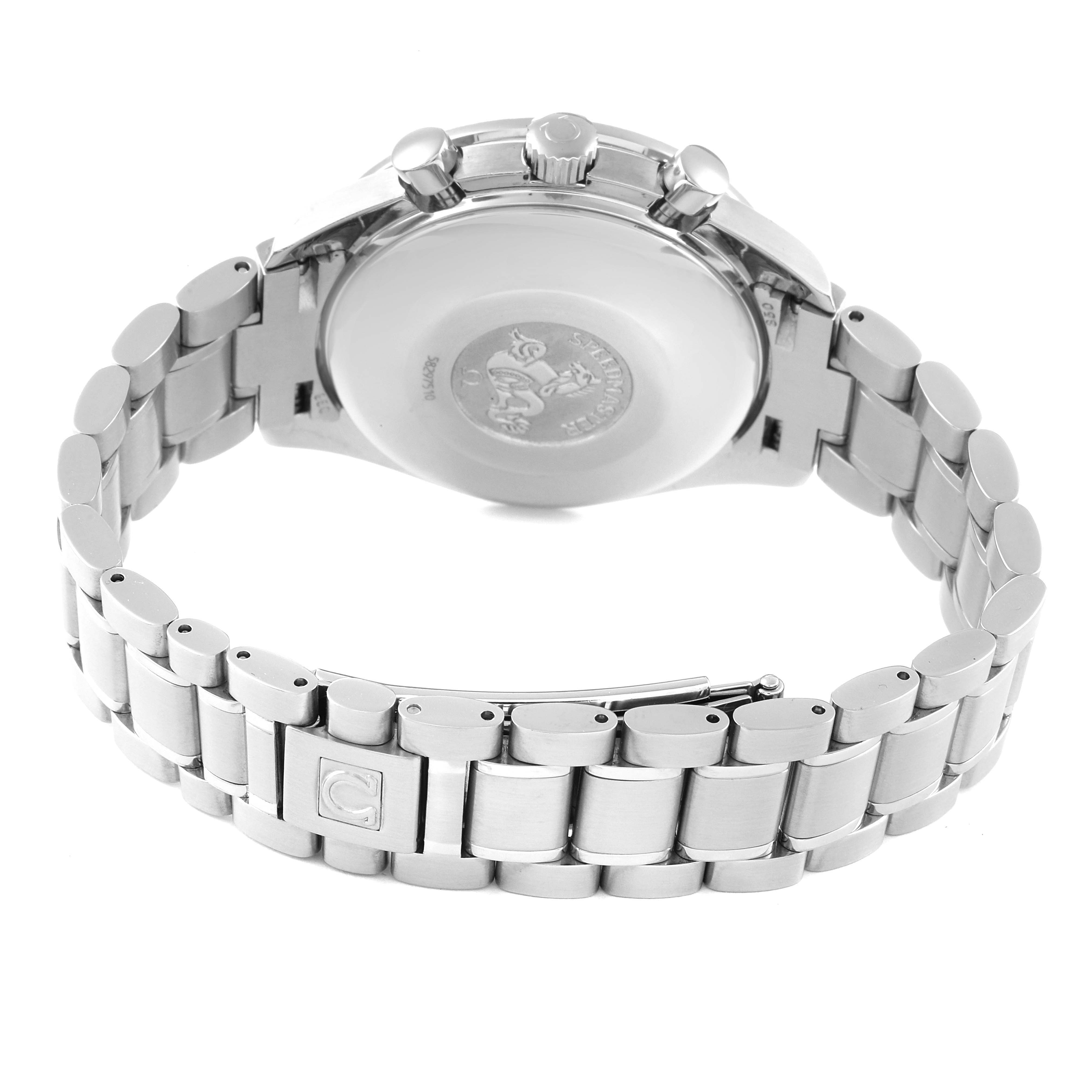 The image shows the back case, crown, pushers, and stainless steel bracelet of the Omega Speedmaster 3520.50.00 Men
s Stainless Steel Black Dial 3520.50.00 Men
s Stainless Steel Black Dial watch.