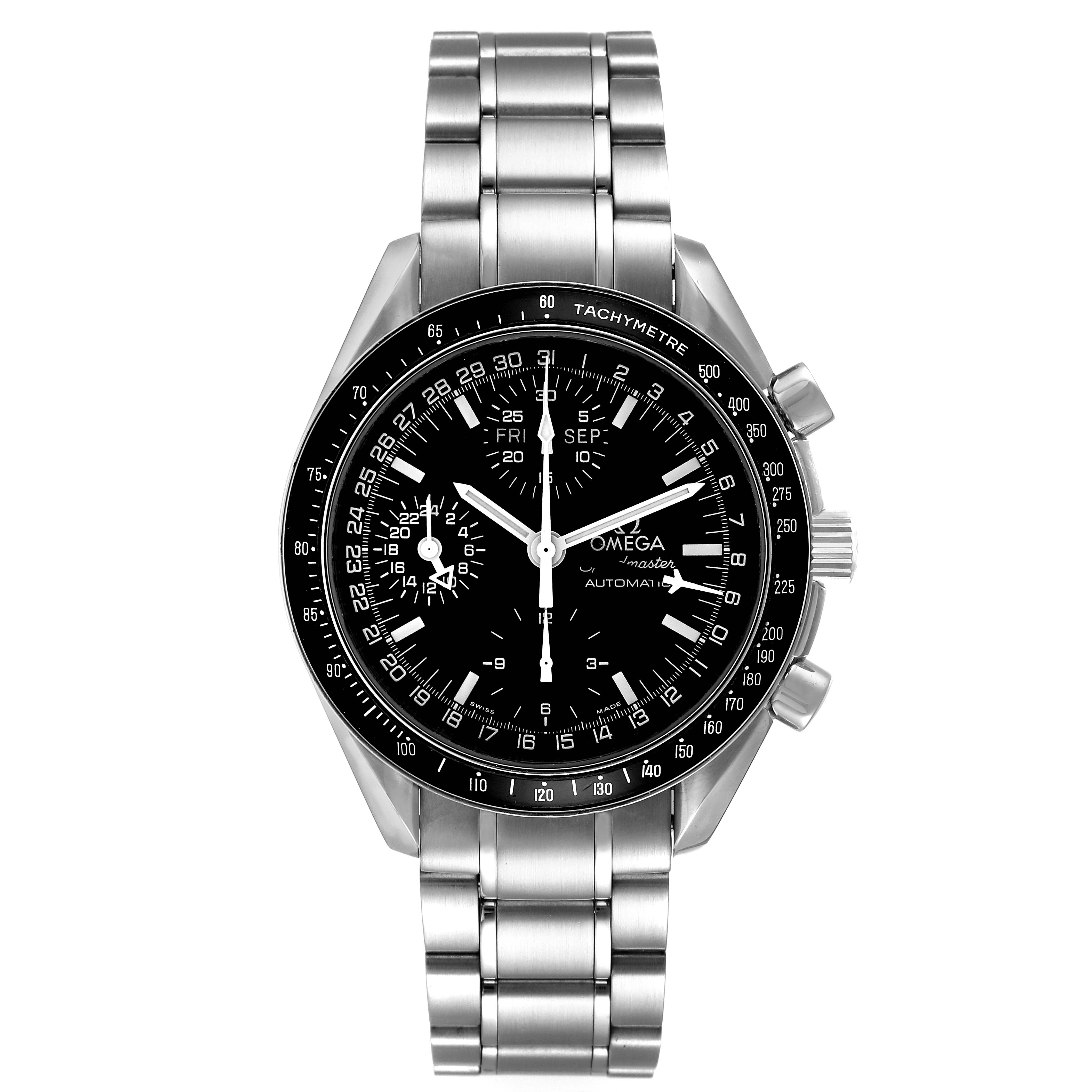 The image shows a front view of the Omega Speedmaster 3520.50.00 Men
s Stainless Steel Black Dial 3520.50.00 Men
s Stainless Steel Black Dial watch, displaying the dial, tachymeter bezel, pushers, and metal bracelet.