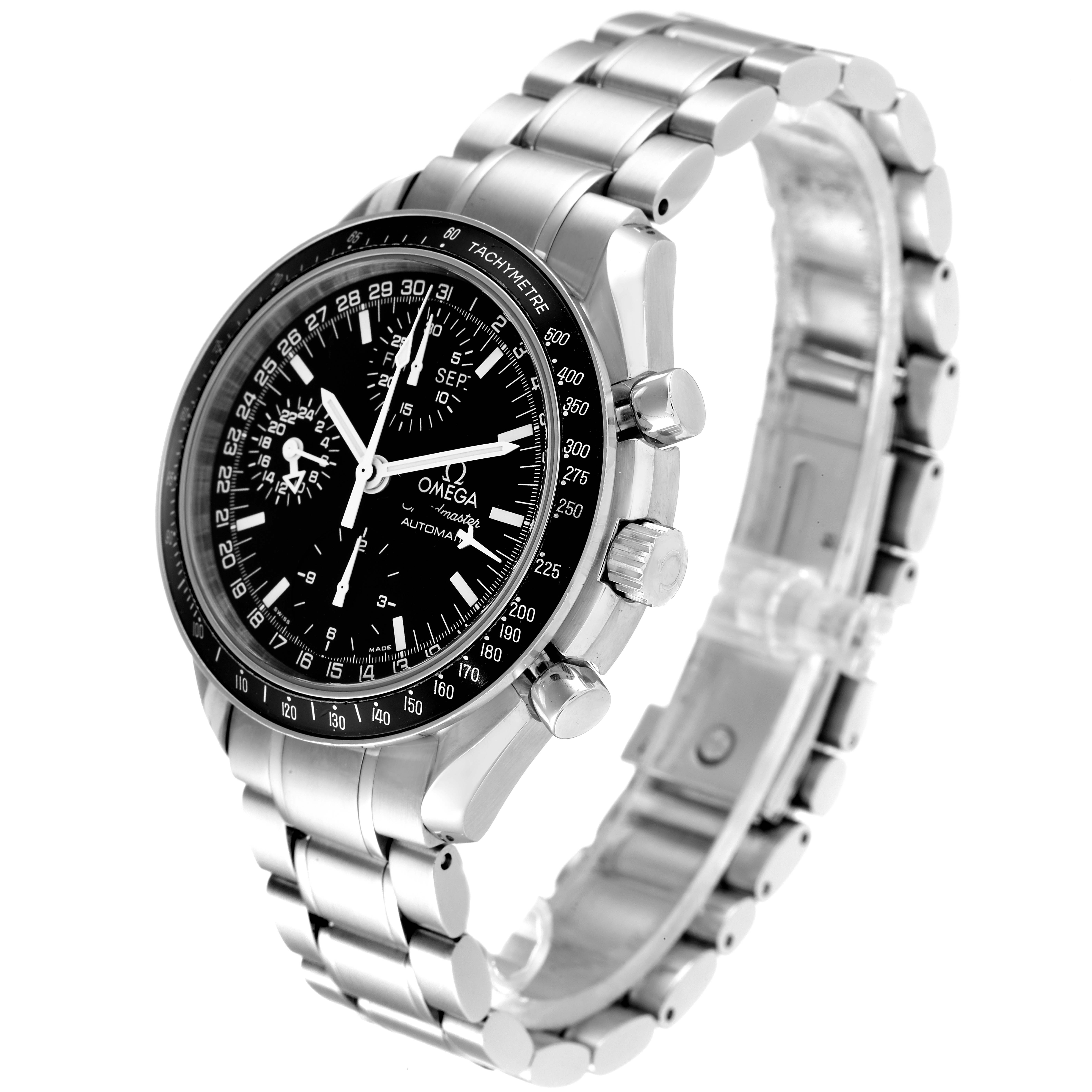 This Omega Speedmaster 3520.50.00 Men
s Stainless Steel Black Dial 3520.50.00 Men
s Stainless Steel Black Dial watch is shown at an angle highlighting its face, stainless steel bracelet, and side buttons.
