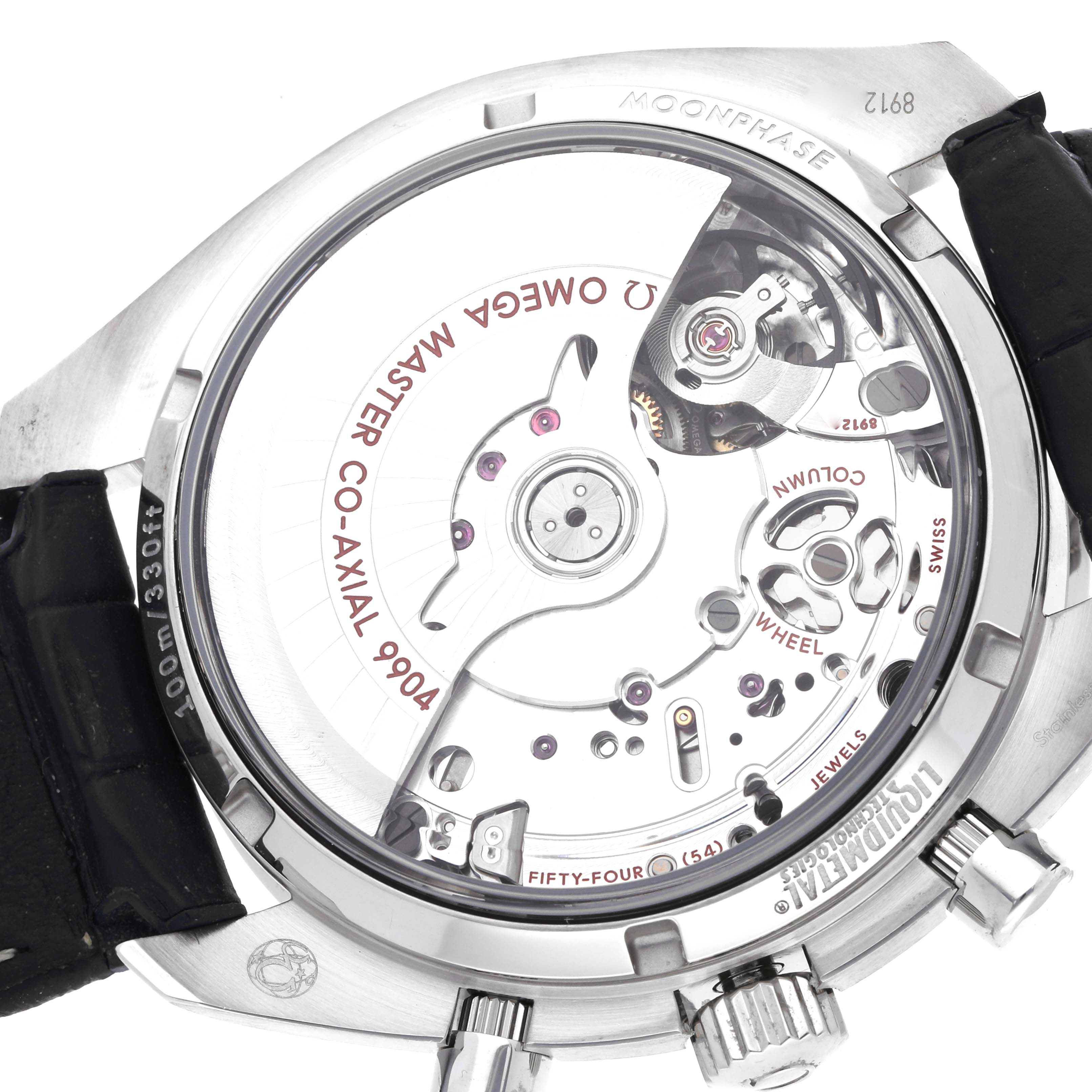 The Omega Speedmaster 304.33.44.52.03.001 Men
s Stainless Steel Blue Dial is shown from the back, highlighting the movement and inner mechanisms.