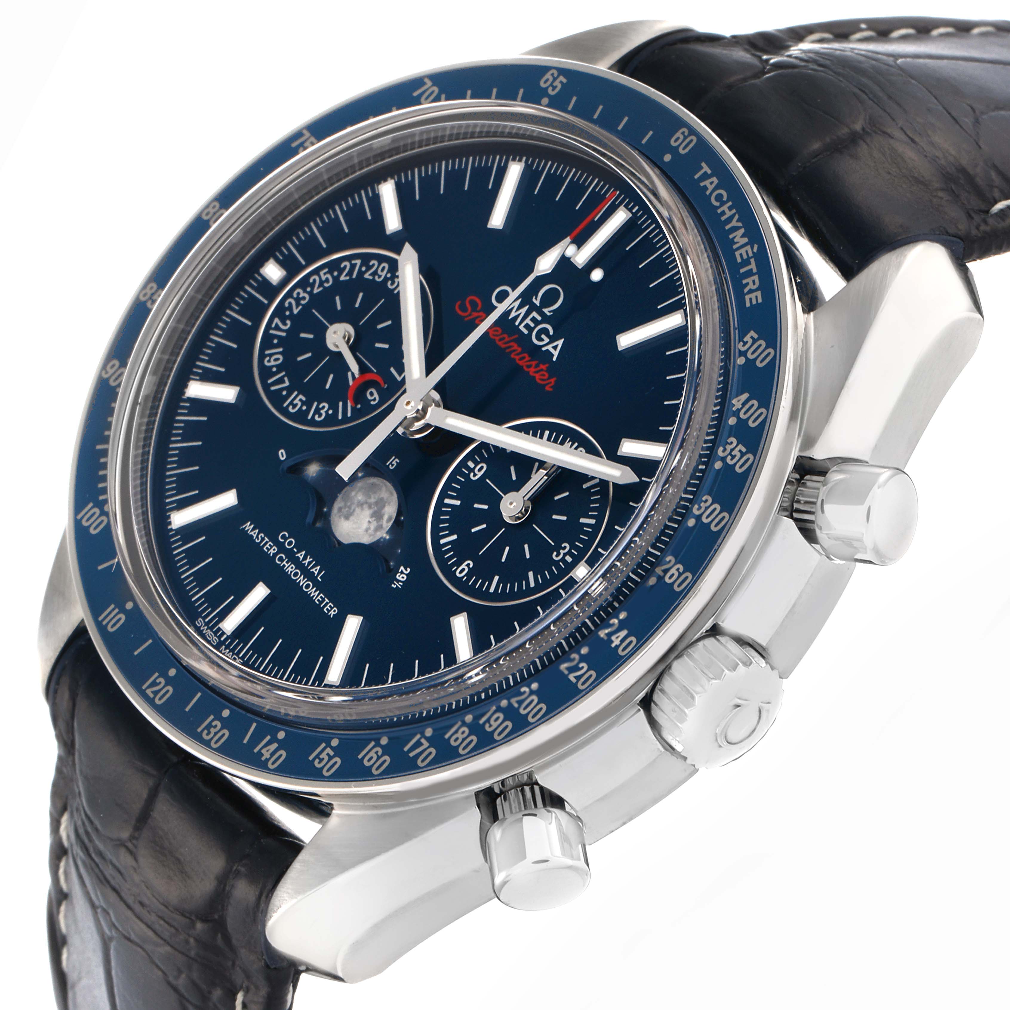The Omega Speedmaster 304.33.44.52.03.001 Men
s Stainless Steel Blue Dial watch is shown at a three-quarter angle, highlighting the face, bezel, chronograph dials, and crown.