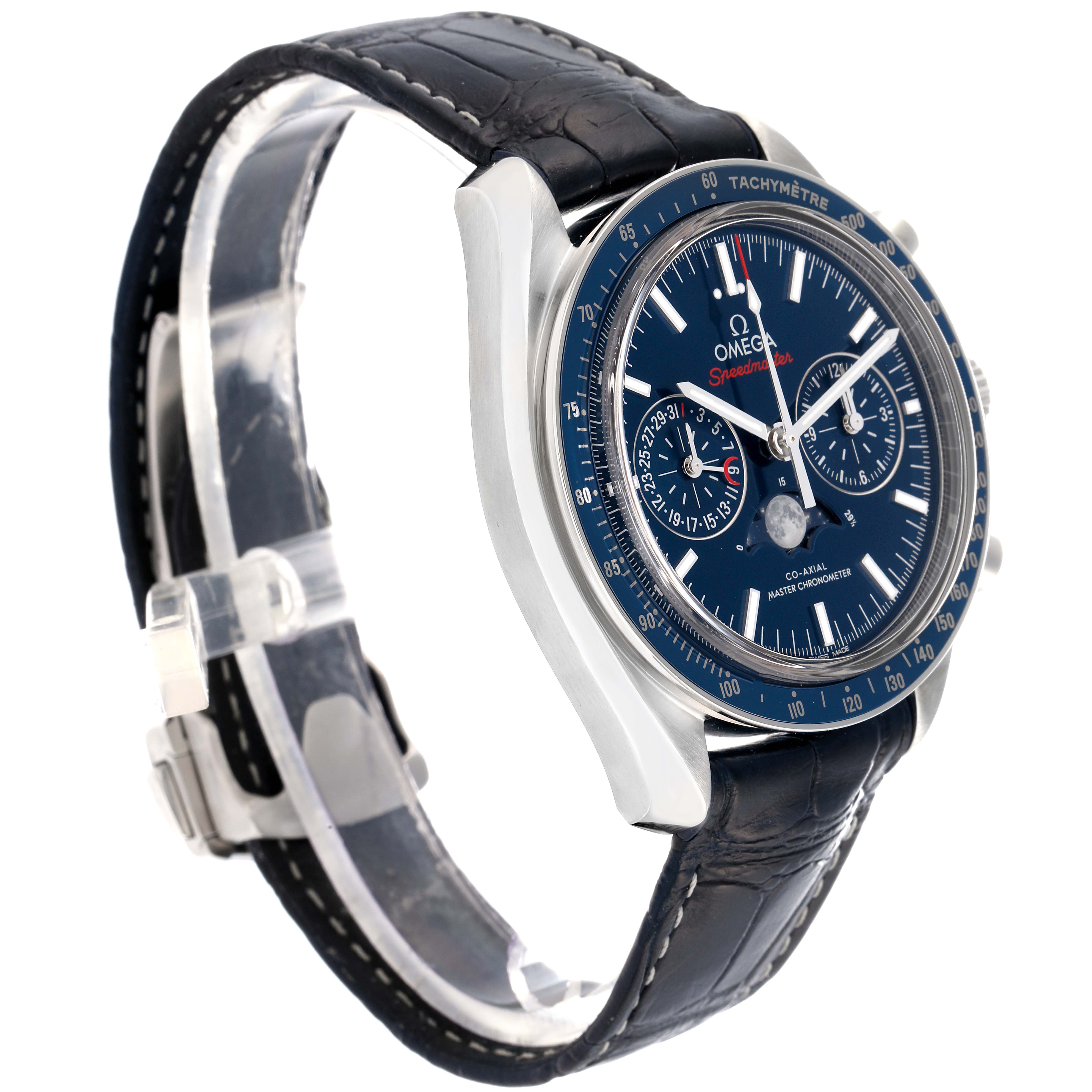 The Omega Speedmaster 304.33.44.52.03.001 Men
s Stainless Steel Blue Dial watch is shown at a side angle, displaying its blue dial, tachymeter bezel, and black leather strap.