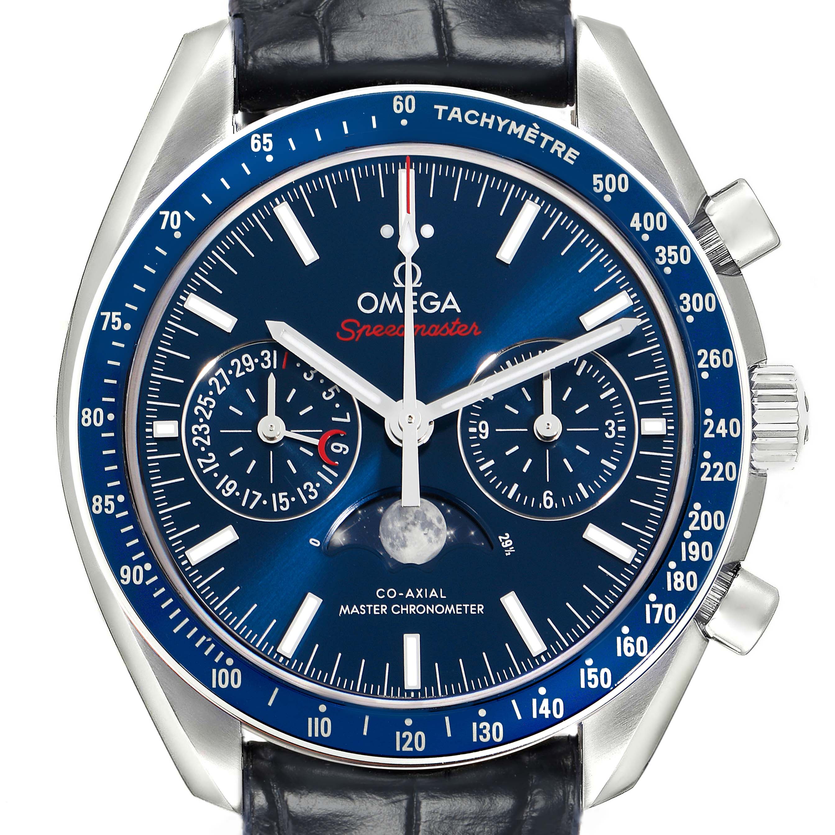 The Omega Speedmaster 304.33.44.52.03.001 Men
s Stainless Steel Blue Dial watch is shown from the front, displaying its dial, subdials, tachymetre bezel, crown, and pushers.