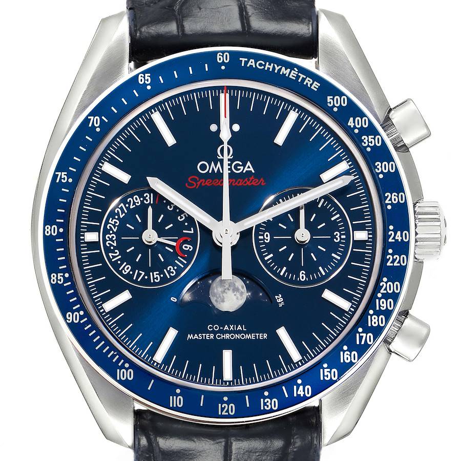 The Omega Speedmaster 304.33.44.52.03.001 Men's Stainless Steel Blue Dial watch is shown from the front, displaying its dial, subdials, tachymetre bezel, crown, and pushers.