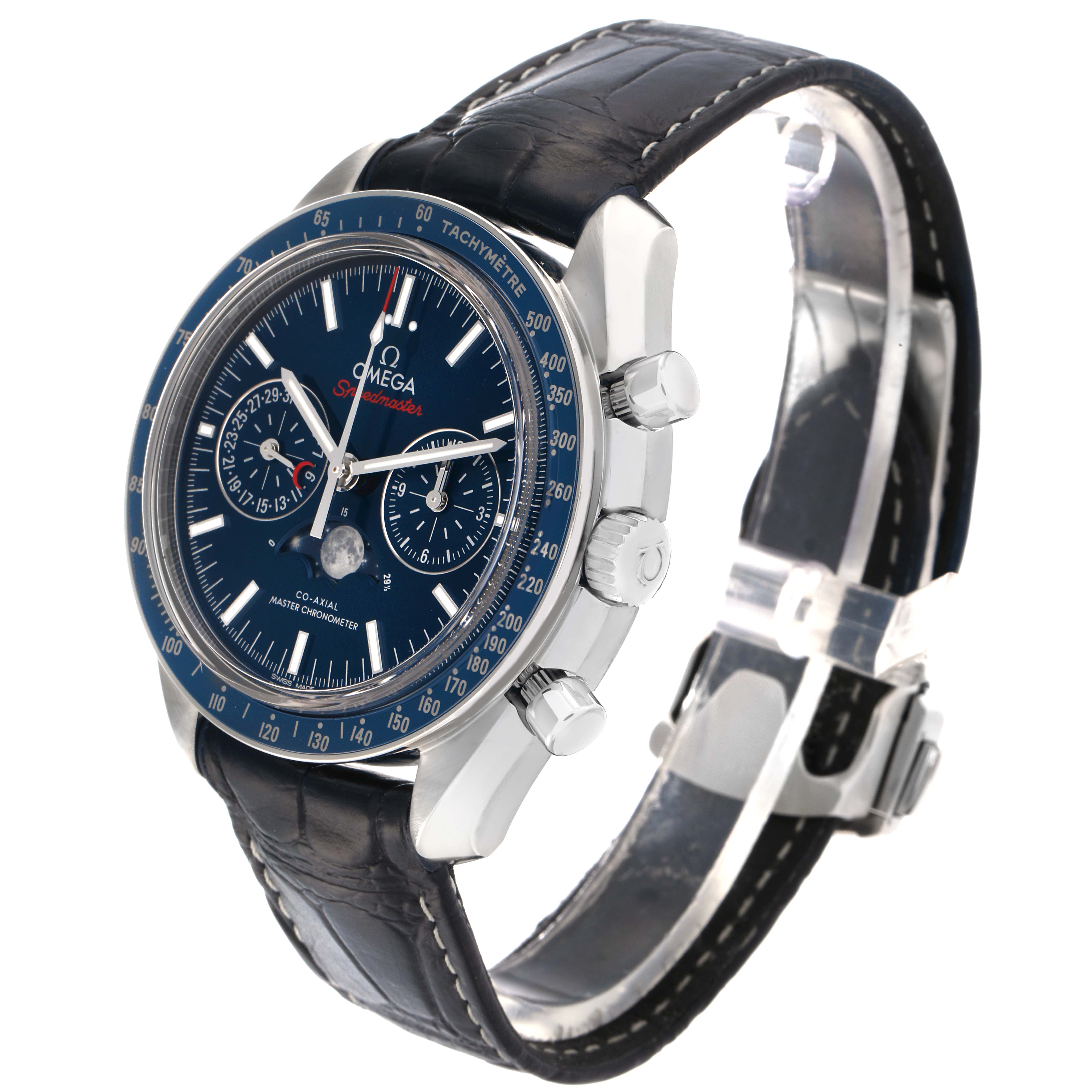 The Omega Speedmaster 304.33.44.52.03.001 Men
s Stainless Steel Blue Dial watch is shown at a three-quarter angle, highlighting the face, bezel, chronograph pushers, and strap.