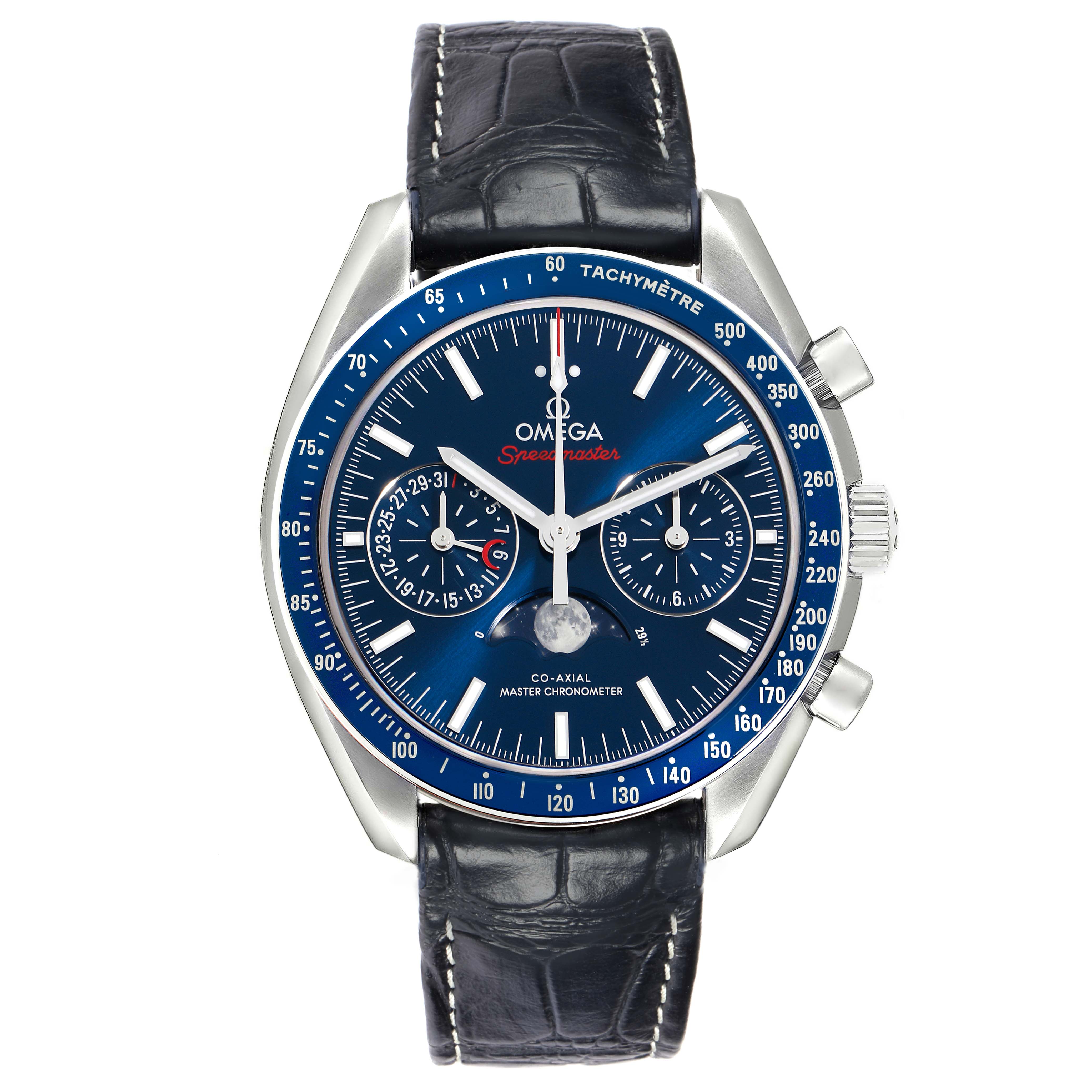 The Omega Speedmaster 304.33.44.52.03.001 Men
s Stainless Steel Blue Dial watch is shown from the front, highlighting its blue dial, tachymeter scale, subdials, and leather strap.