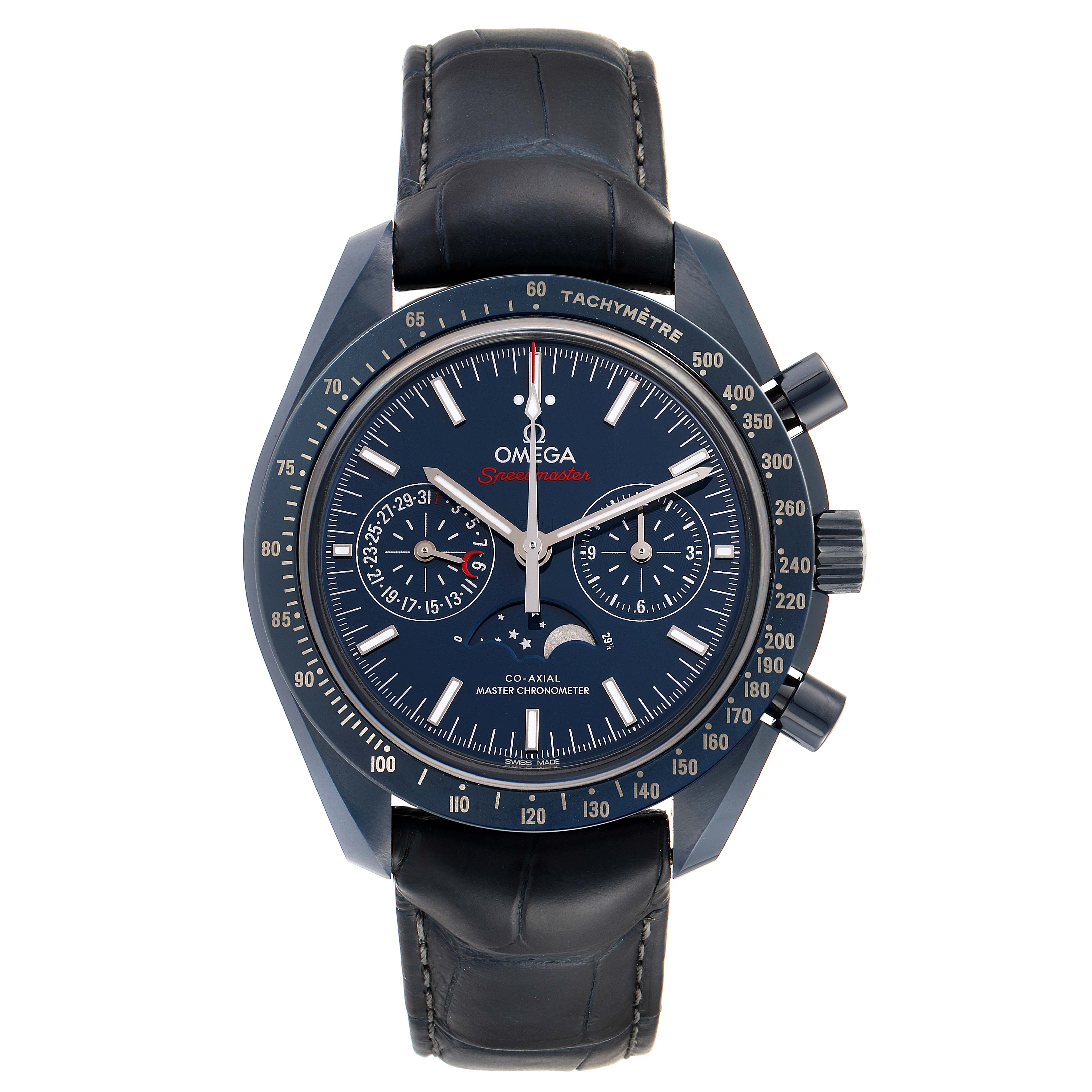 The Omega Speedmaster 304.93.44.52.03.001 Men's Ceramic Blue Dial 304.93.44.52.03.001 Men's Ceramic Blue Dial watch is shown from the front, displaying the dial, tachymeter bezel, pushers, and strap.