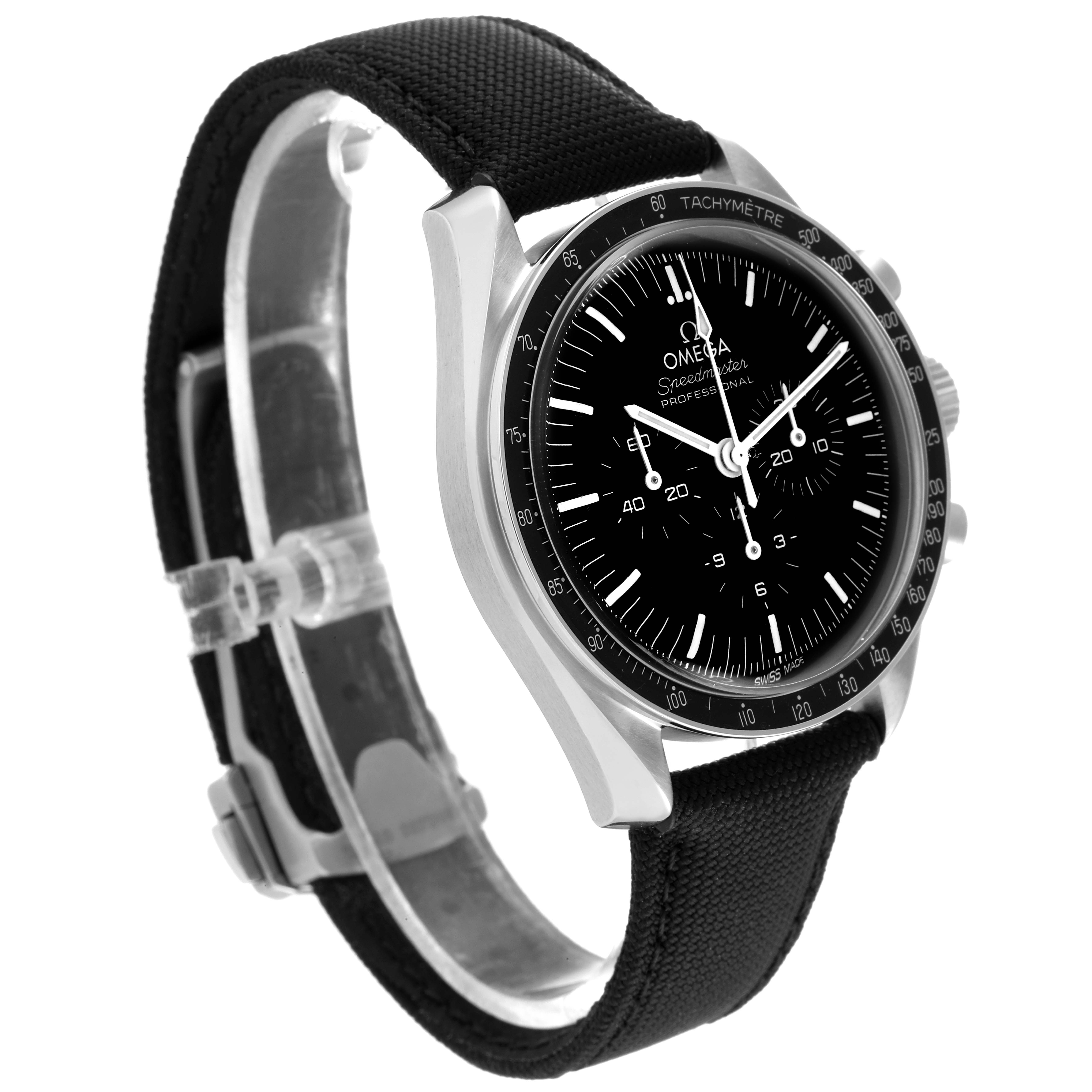 The Omega Speedmaster 310.32.42.50.01.001 Men
s Stainless Steel Black Dial 310.32.42.50.01.001 Men
s Stainless Steel Black Dial watch is shown from a three-quarter angle highlighting the black dial, chronograph subdials, and black strap.