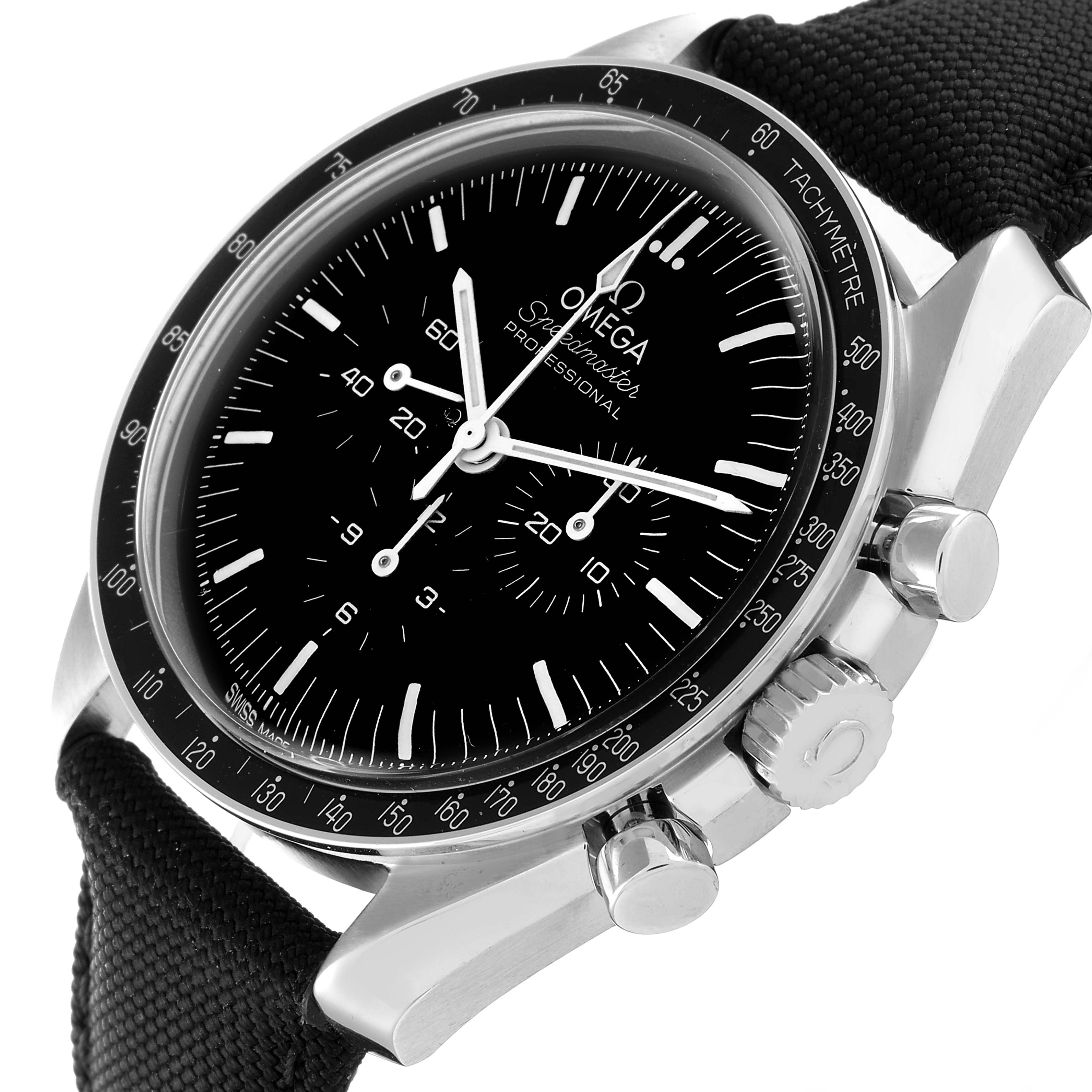 The Omega Speedmaster 310.32.42.50.01.001 Men
s Stainless Steel Black Dial 310.32.42.50.01.001 Men
s Stainless Steel Black Dial is shown at an angle displaying the dial, tachymetre bezel, and side crown with pushers.