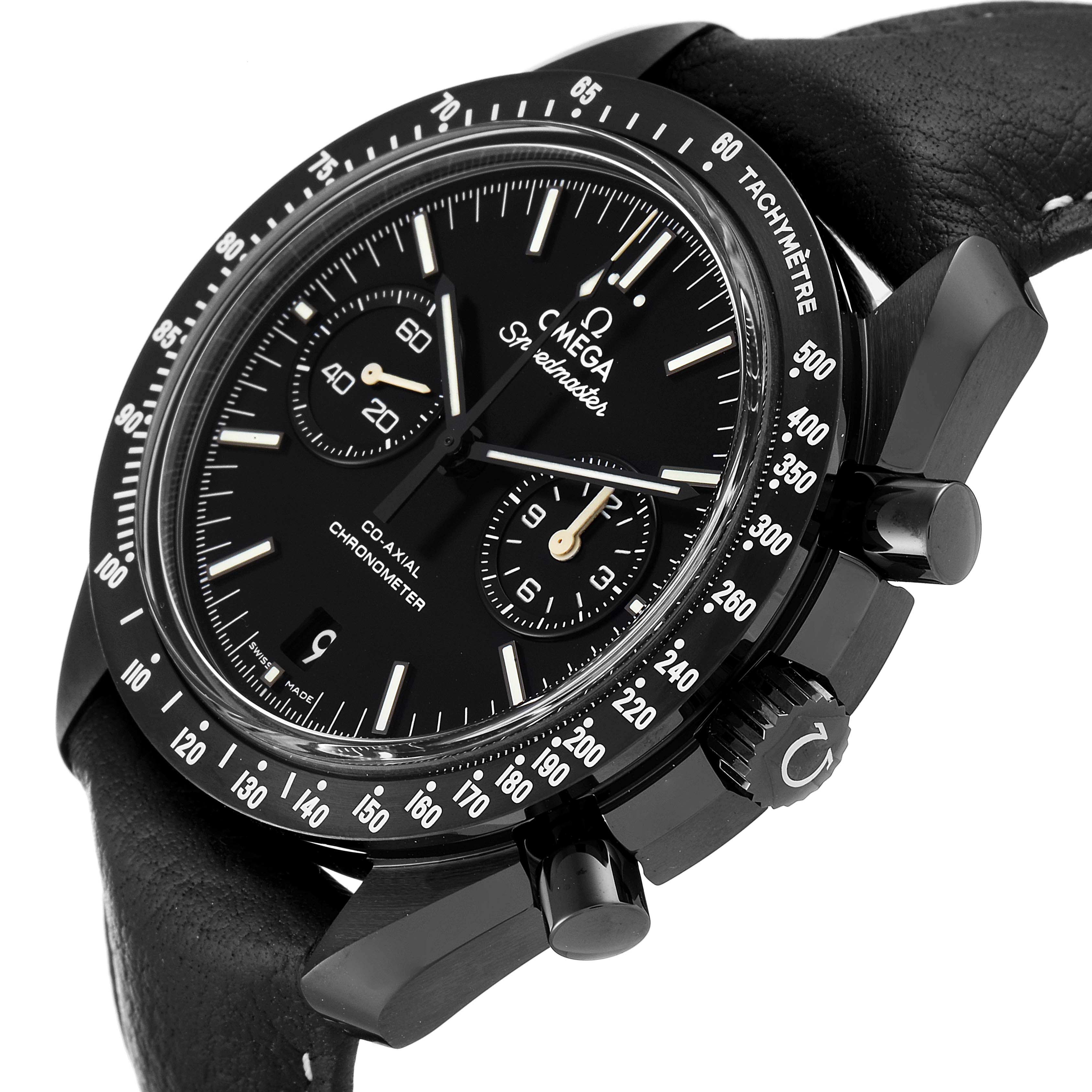 The Omega Speedmaster 311.92.44.51.01.004 Men's Ceramic Black Dial 311.92.44.51.01.004 Men's Ceramic Black Dial watch is shown at a three-quarter angle, highlighting the bezel, dial, and pushers.