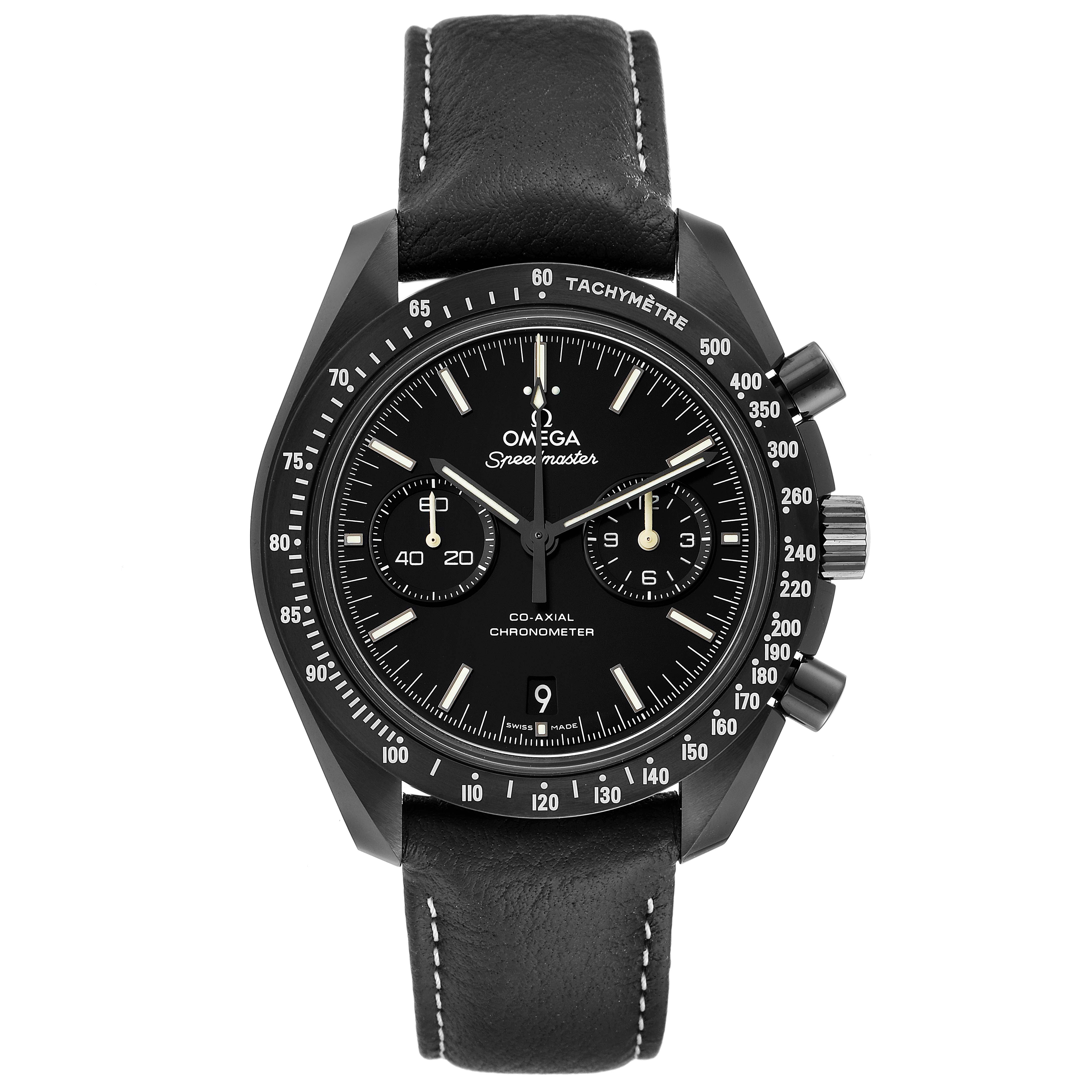 The image shows a front view of the Omega Speedmaster 311.92.44.51.01.004 Men's Ceramic Black Dial 311.92.44.51.01.004 Men's Ceramic Black Dial watch, including the dial, bezel, and leather strap.