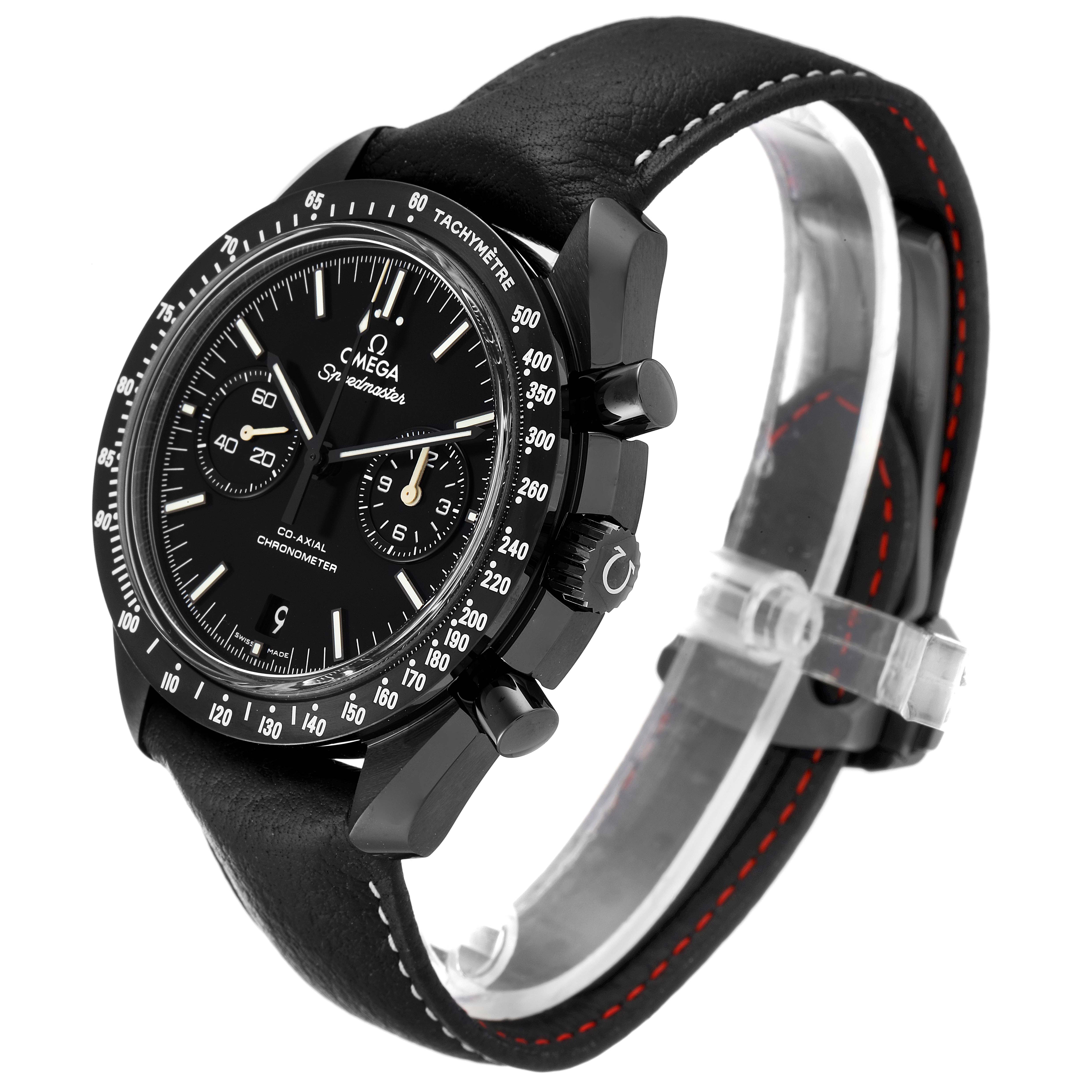 The Omega Speedmaster 311.92.44.51.01.004 Men's Ceramic Black Dial 311.92.44.51.01.004 Men's Ceramic Black Dial watch is shown at a three-quarter angle, highlighting the black dial, sub-dials, bezel, and leather strap.