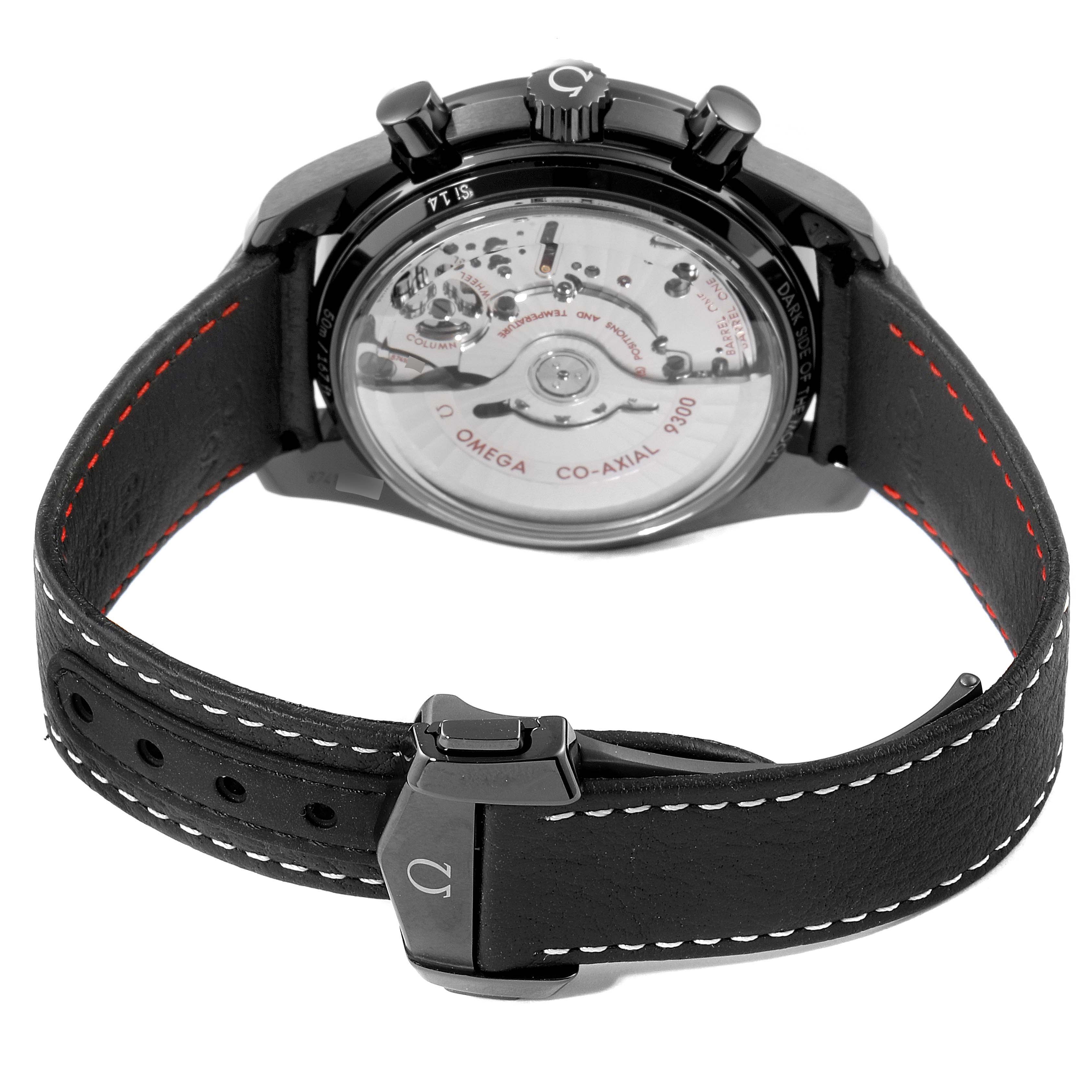 The image shows the back of the Omega Speedmaster 311.92.44.51.01.004 Men's Ceramic Black Dial 311.92.44.51.01.004 Men's Ceramic Black Dial watch, highlighting its transparent case back and leather strap with stitching.