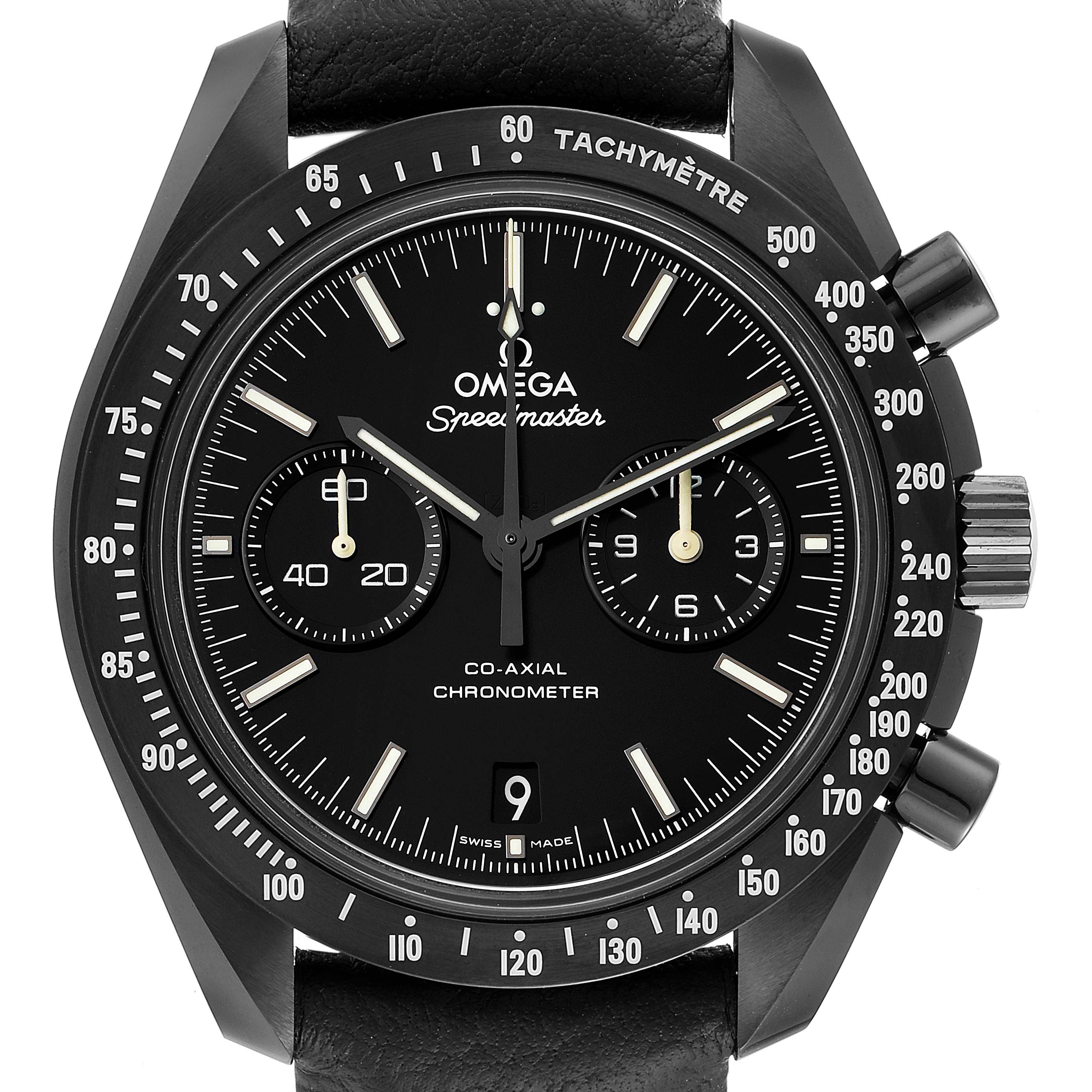 This image shows a front view of the Omega Speedmaster 311.92.44.51.01.004 Men's Ceramic Black Dial 311.92.44.51.01.004 Men's Ceramic Black Dial watch, highlighting its dial, bezel, sub-dials, and pushers.