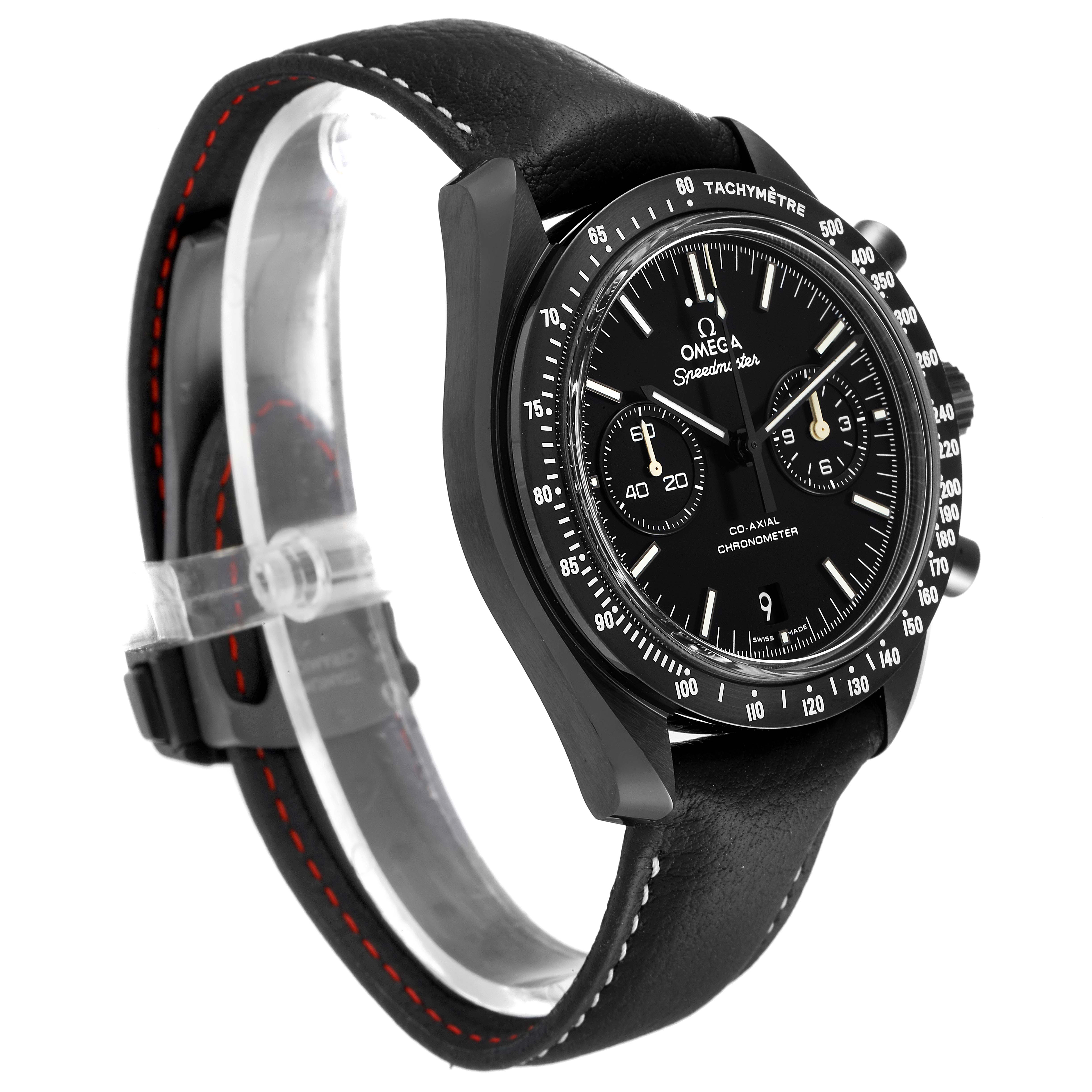 The image shows an Omega Speedmaster 311.92.44.51.01.004 Men's Ceramic Black Dial 311.92.44.51.01.004 Men's Ceramic Black Dial watch at a three-quarter angle, highlighting its face, bezel, and leather strap.