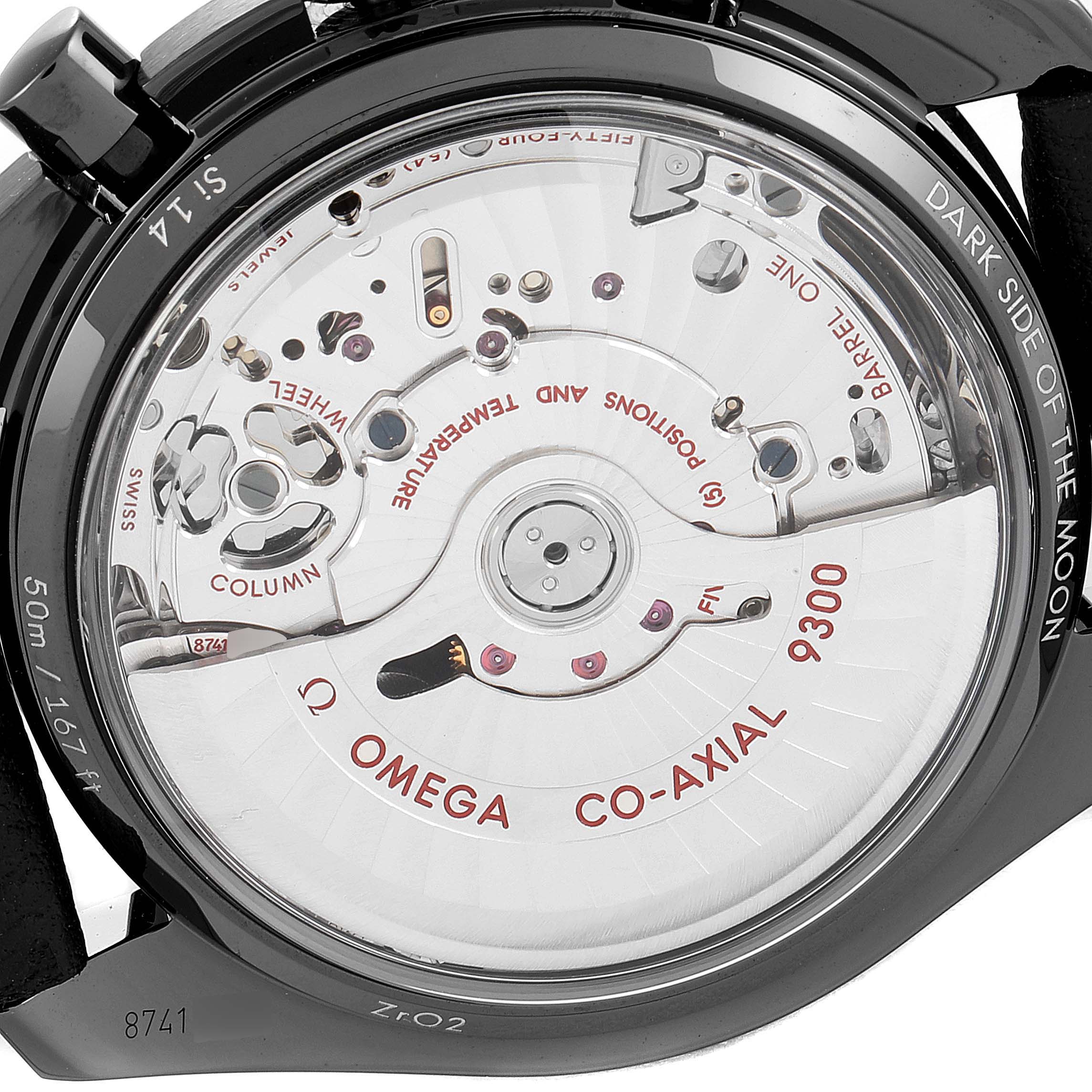 The image shows the back view of the Omega Speedmaster 311.92.44.51.01.004 Men's Ceramic Black Dial 311.92.44.51.01.004 Men's Ceramic Black Dial, highlighting the Co-Axial 9300 movement and internal mechanics.