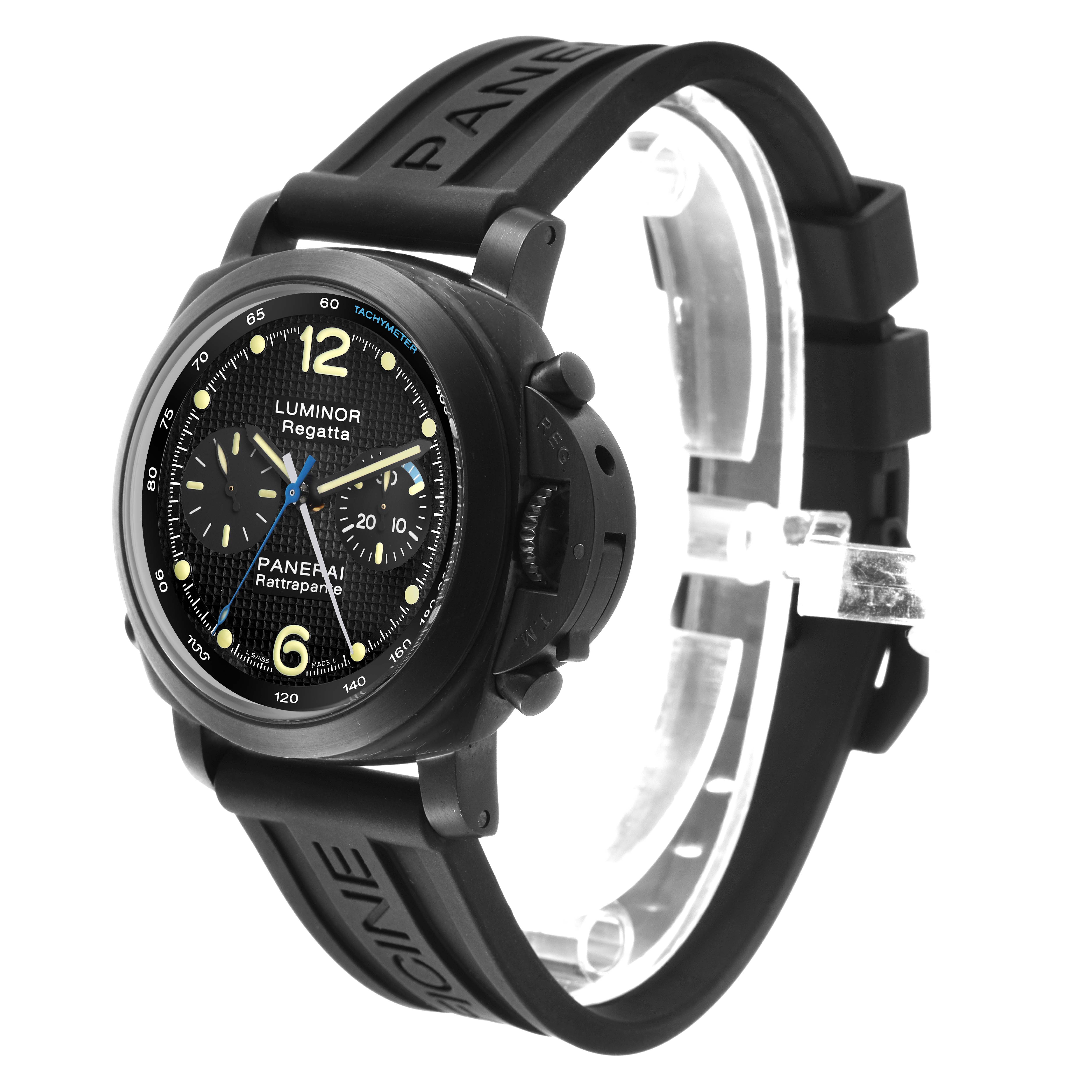 The Panerai Luminor PAM00332 Men's Stainless Steel Black Dial watch is shown from an angled side view, displaying its round face, crown guard, and black rubber strap.