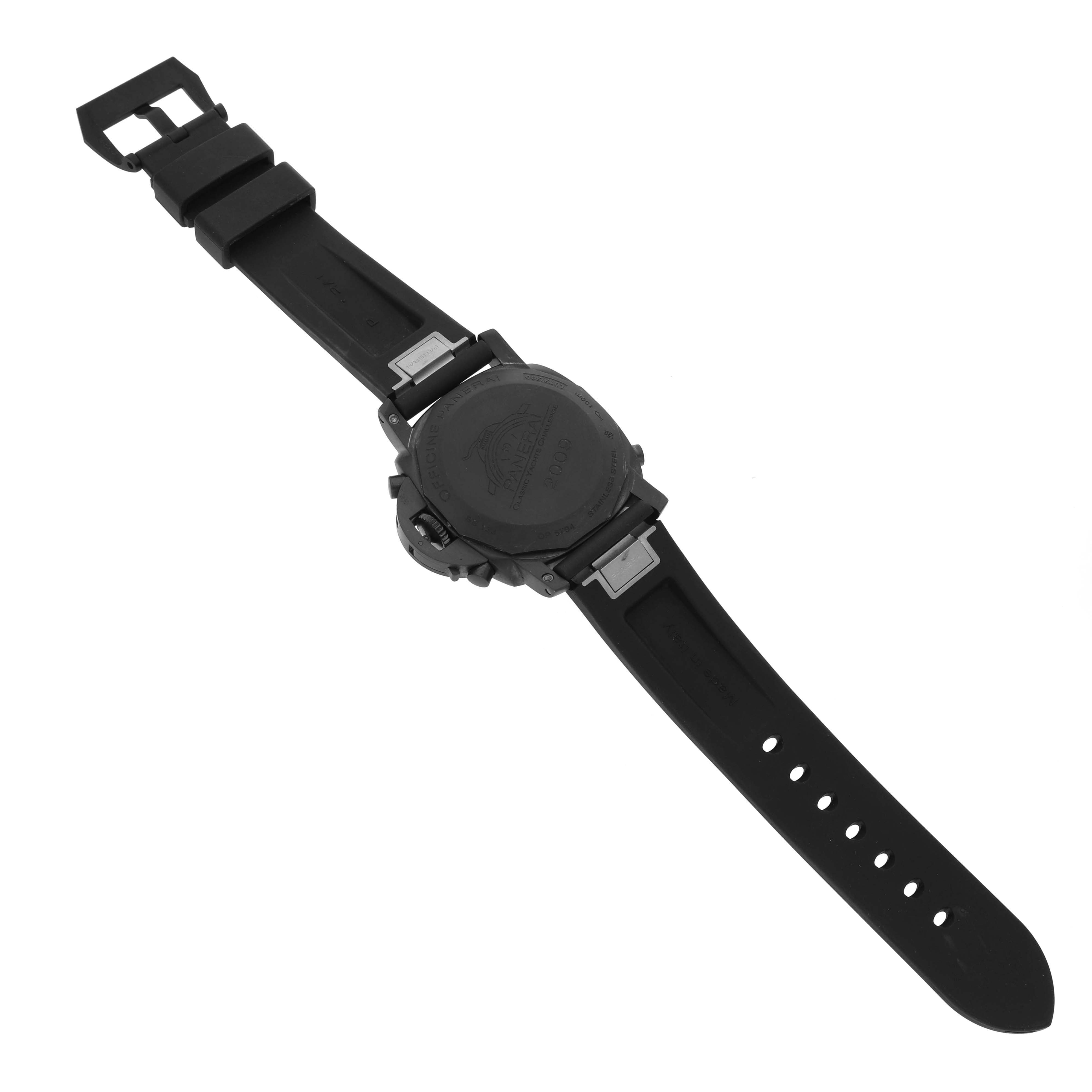 The image shows the back of a Panerai Luminor PAM00332 Men's Stainless Steel Black Dial watch, highlighting the strap, buckle, and case back.