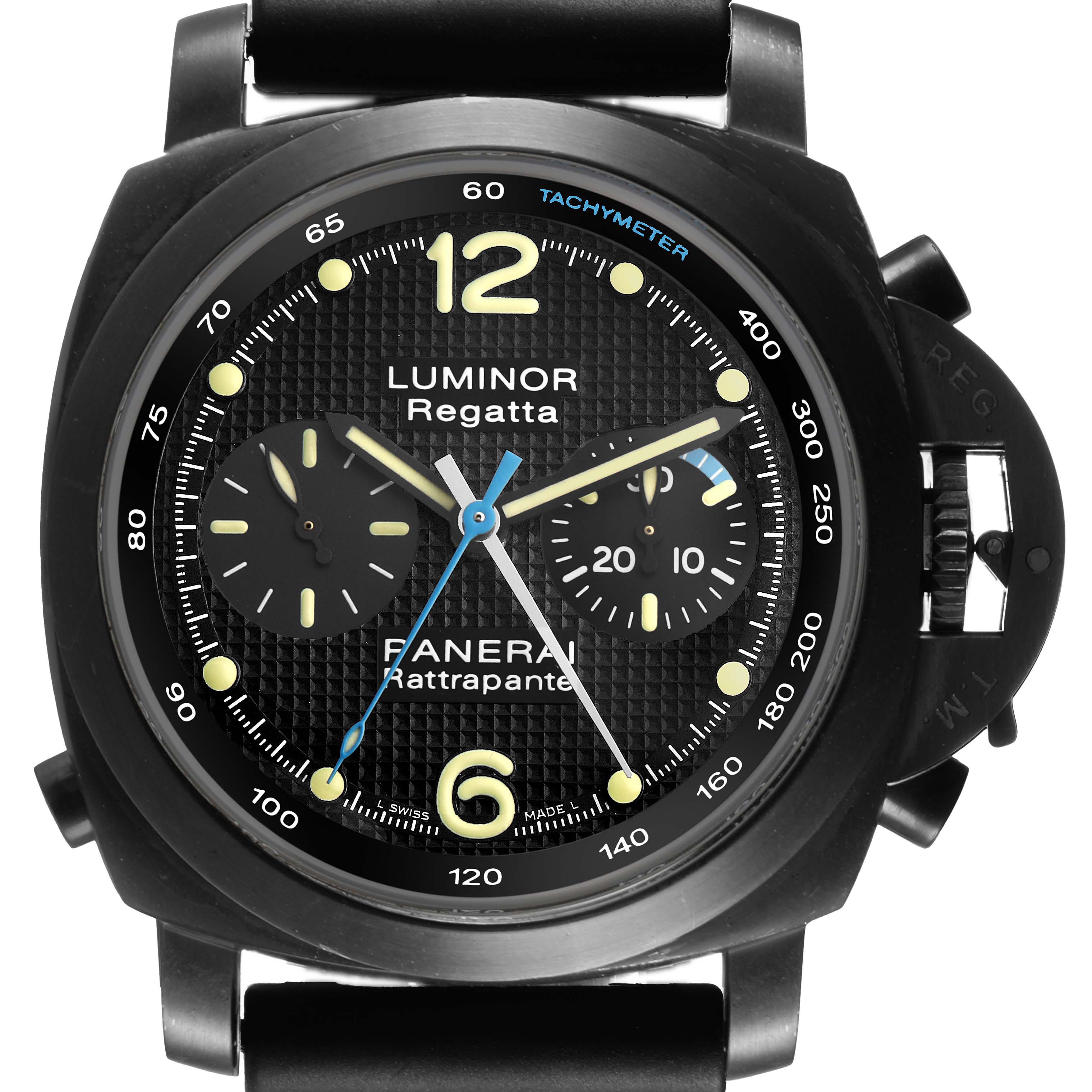 The image shows a front view of the Panerai Luminor PAM00332 Men's Stainless Steel Black Dial Regatta watch, highlighting the dial with subdials and tachymeter.