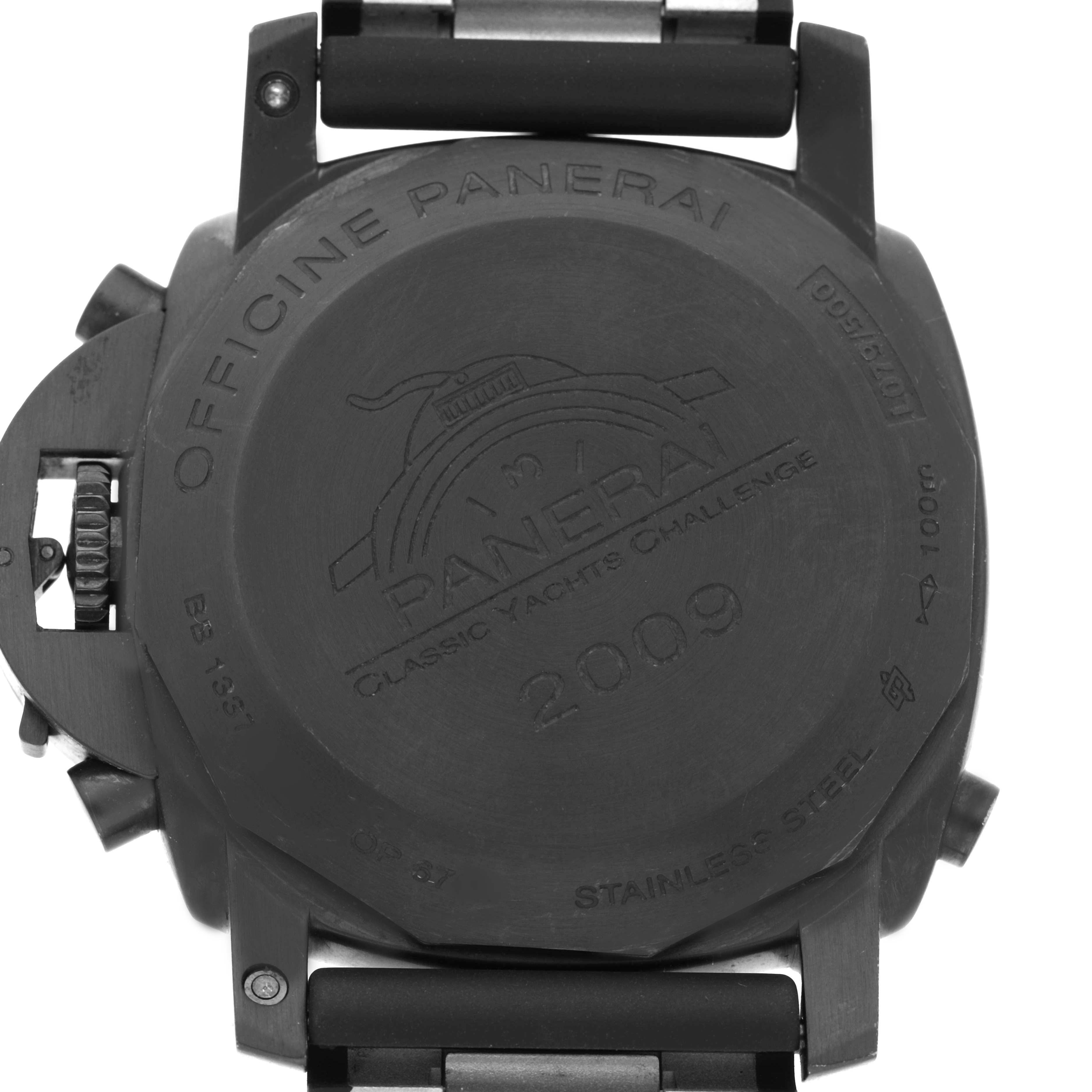 The image shows the back of a Panerai Luminor PAM00332 Men's Stainless Steel Black Dial watch, highlighting the case back engravings and metal bracelet attachment.