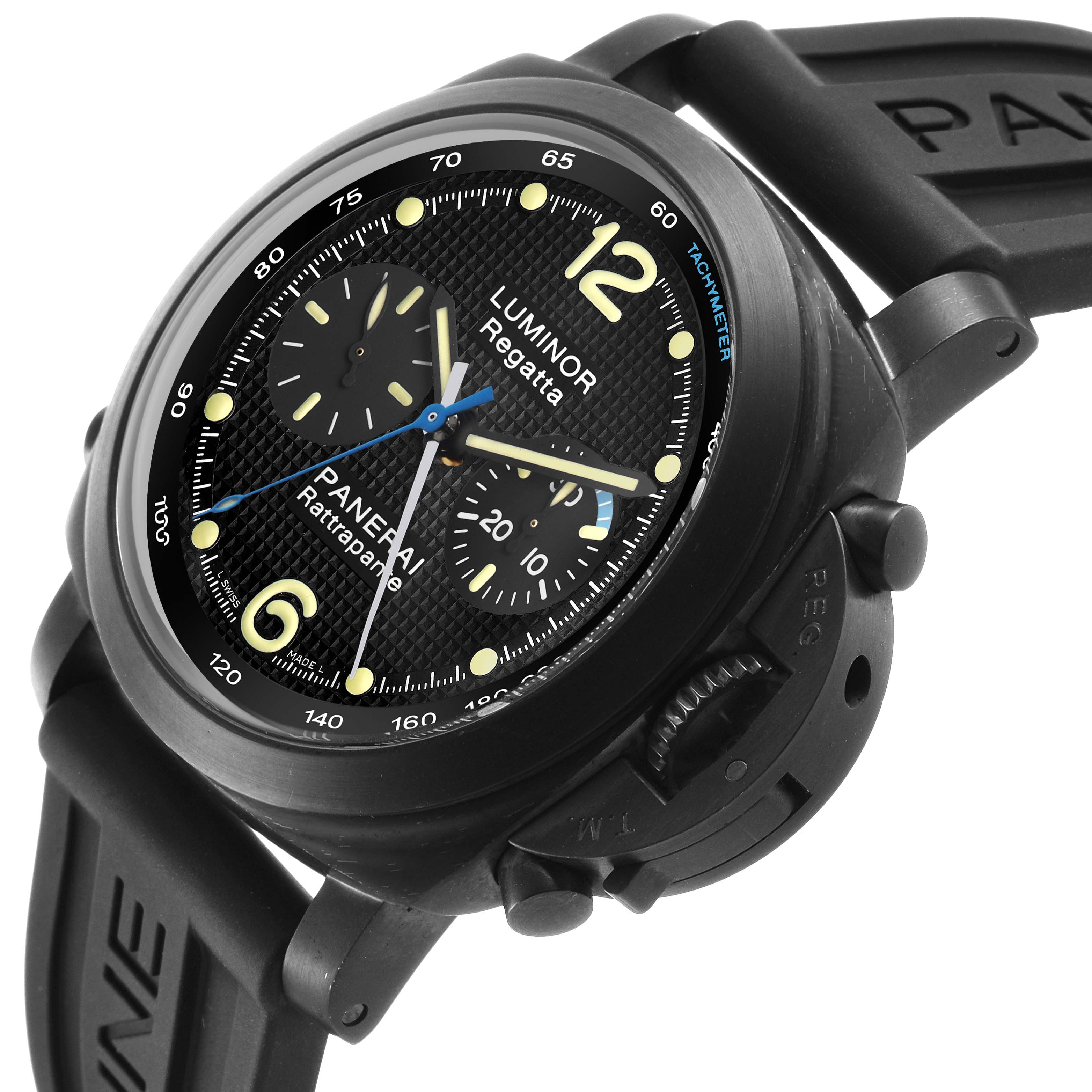 The Panerai Luminor PAM00332 Men's Stainless Steel Black Dial watch is shown at an angled side view, displaying the face, crown guard, and strap.