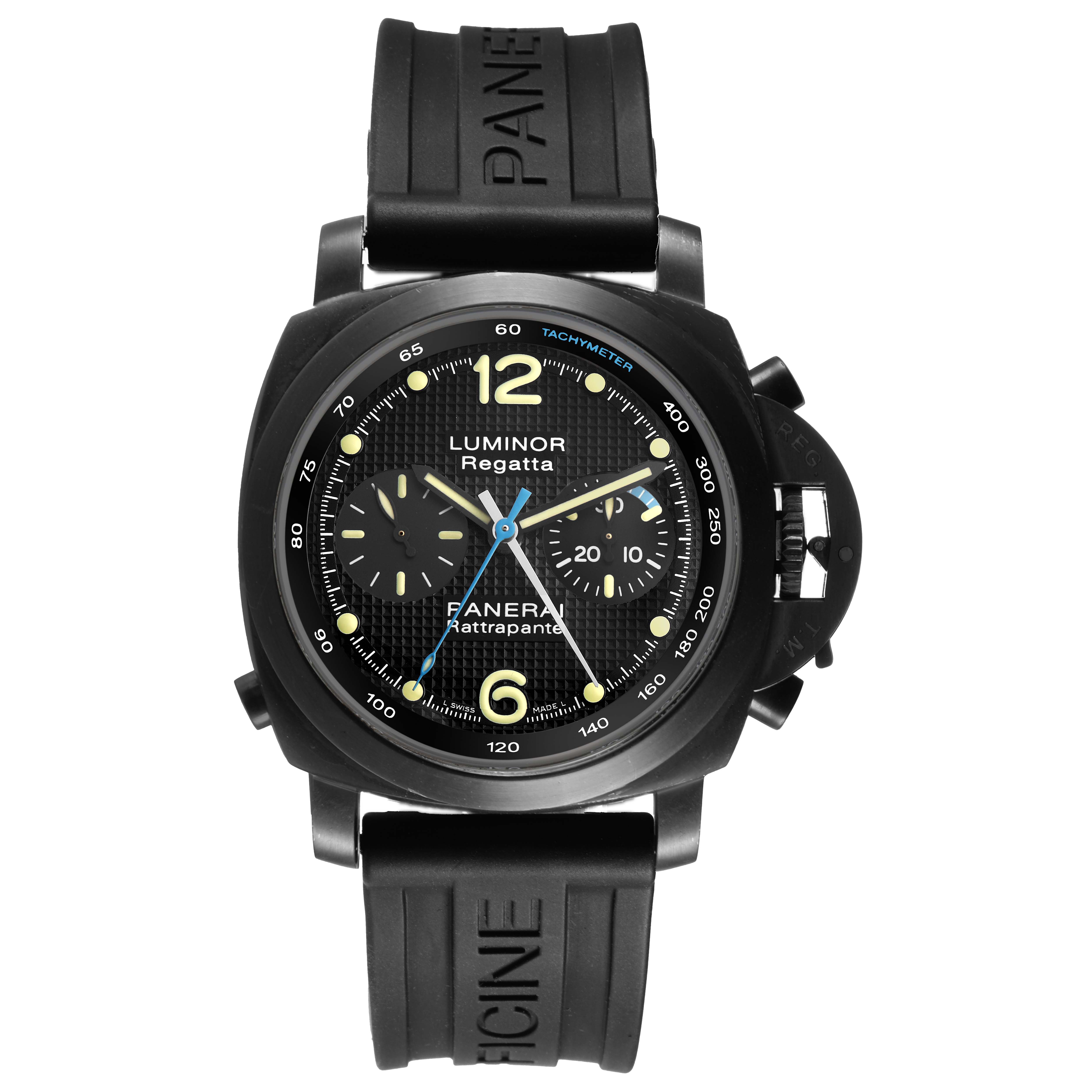 The watch is a Panerai Luminor PAM00332 Men's Stainless Steel Black Dial model shown from the front, displaying the dial, bezel, strap, and crown guard.