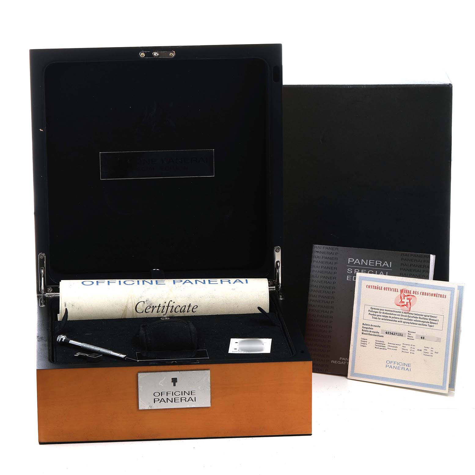 The image shows the Panerai Luminor PAM00332 Men's Stainless Steel Black Dial packaging, including a certificate, manual, and box with branding.