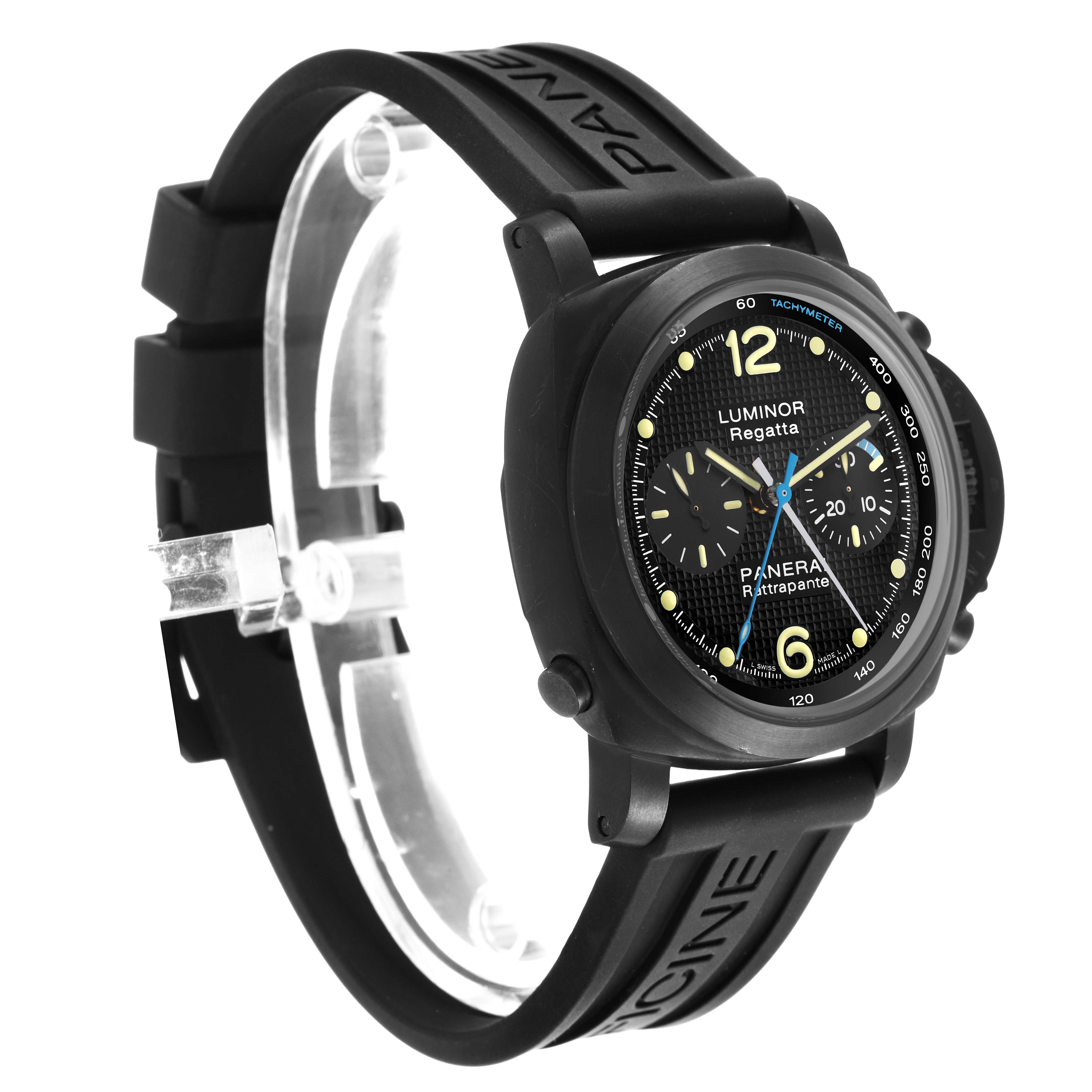 The Panerai Luminor PAM00332 Men's Stainless Steel Black Dial watch is shown at a three-quarter angle, highlighting the face, crown, and rubber strap.
