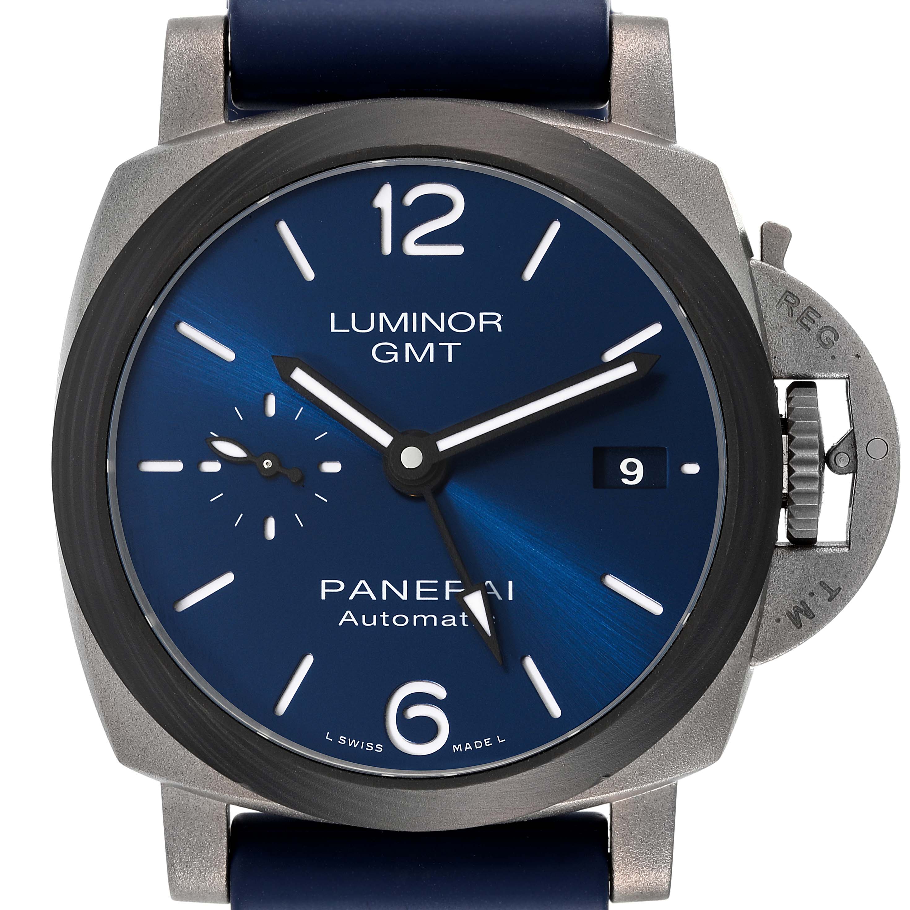This image shows a front view of a Panerai Luminor PAM01279 Men's Titanium Blue Dial PAM01279 Men's Titanium Blue Dial GMT watch, displaying the face, crown, date, and strap attachment points.