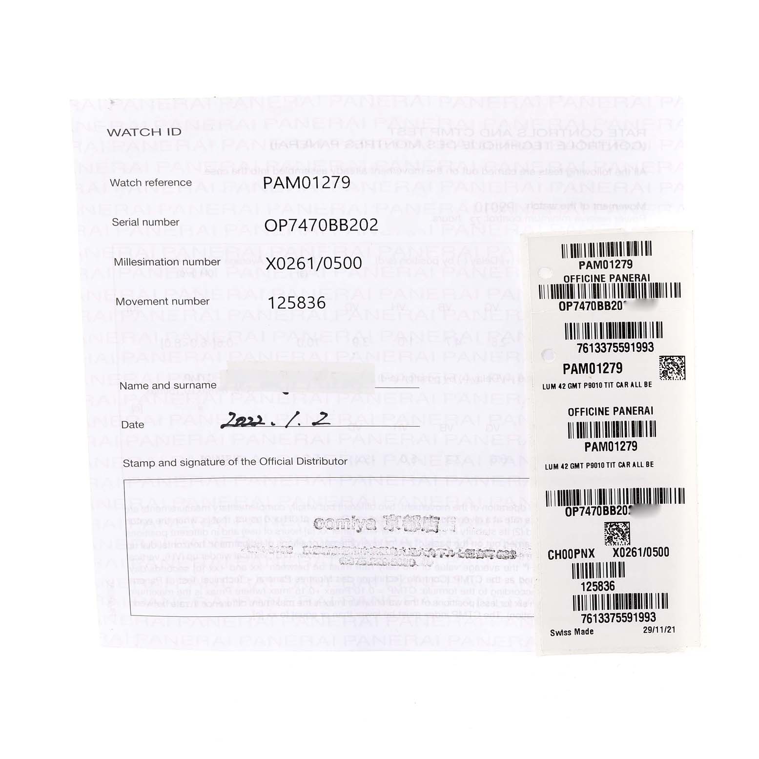 The image shows the ID and certification details for a Panerai Luminor PAM01279 Men's Titanium Blue Dial PAM01279 Men's Titanium Blue Dial model PAM01279 watch.