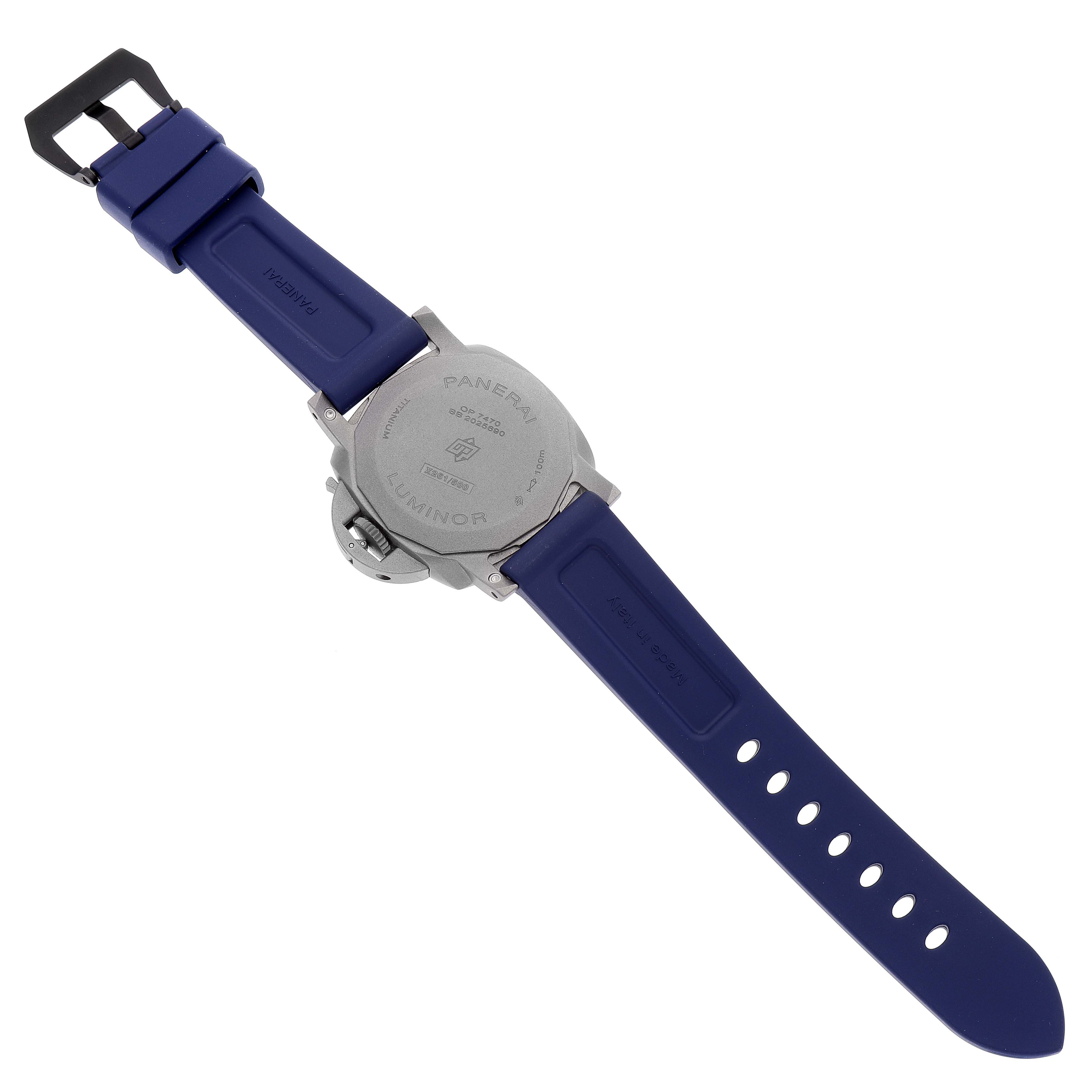The image shows the back case and strap of a Panerai Luminor PAM01279 Men's Titanium Blue Dial PAM01279 Men's Titanium Blue Dial watch from a top-down angle.