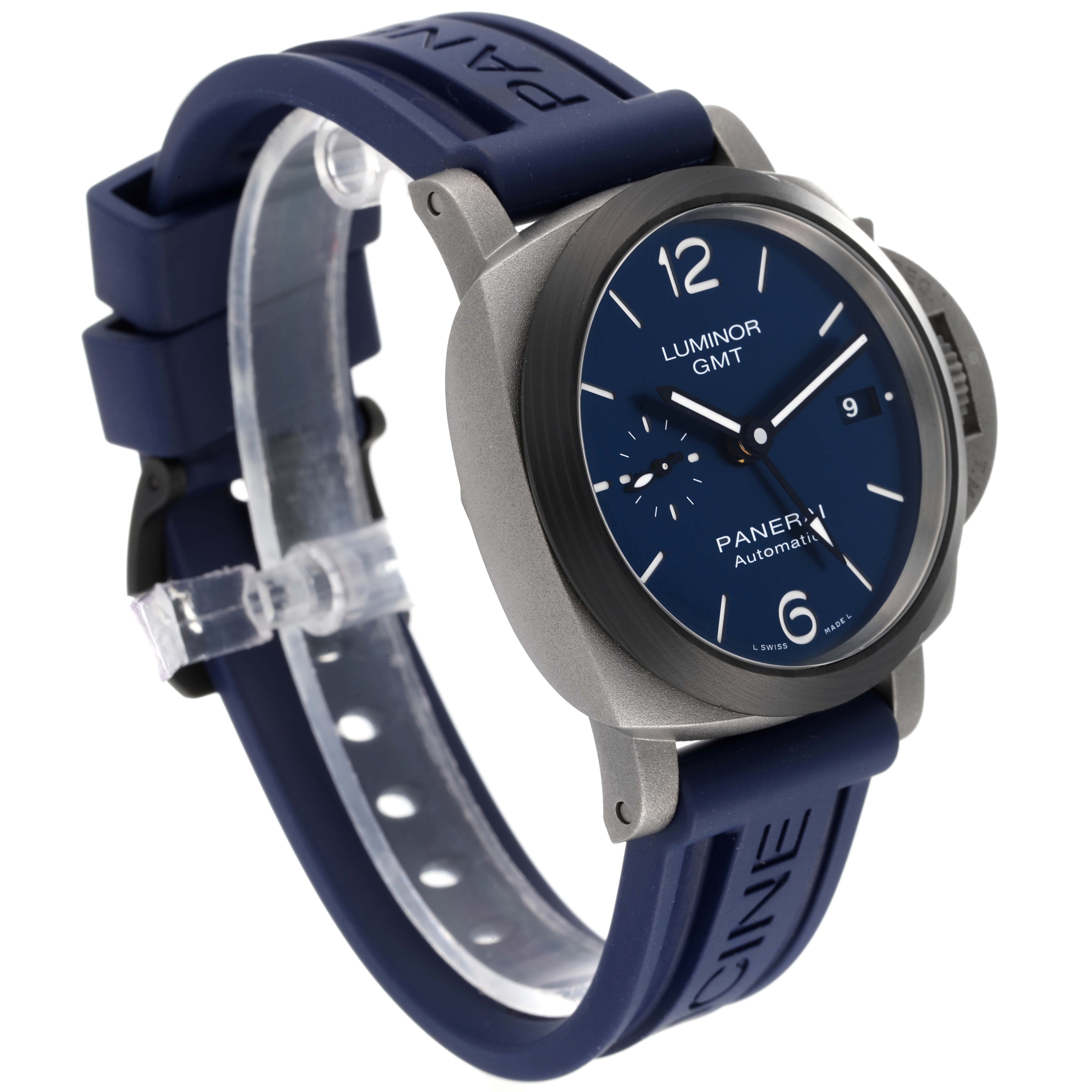 The image shows a Panerai Luminor PAM01279 Men's Titanium Blue Dial PAM01279 Men's Titanium Blue Dial GMT watch at a three-quarter angle, focusing on the face, bezel, and blue strap.