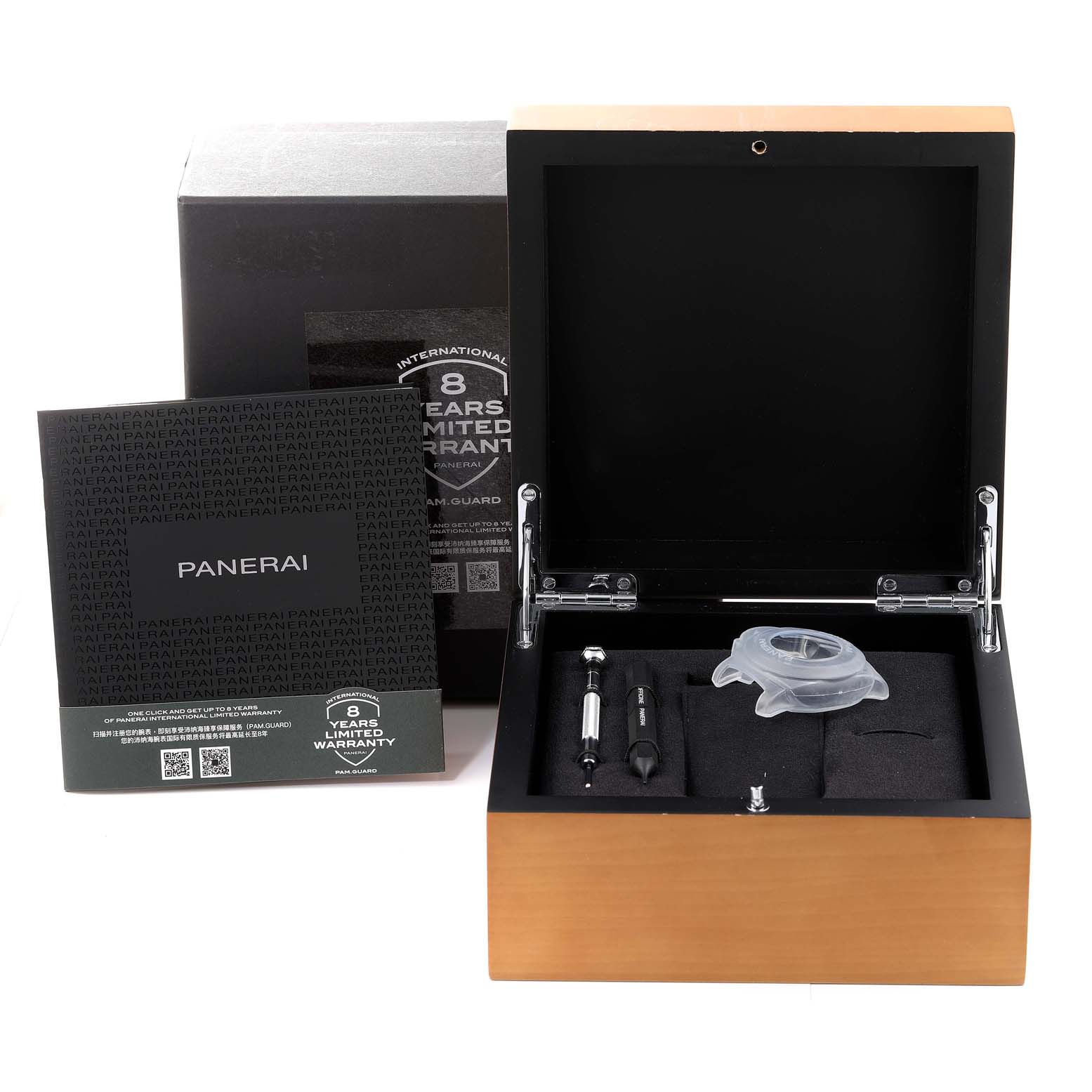 This image shows an open wooden Panerai Luminor PAM01279 Men's Titanium Blue Dial PAM01279 Men's Titanium Blue Dial watch box with accessories and documentation displayed from a front angle.