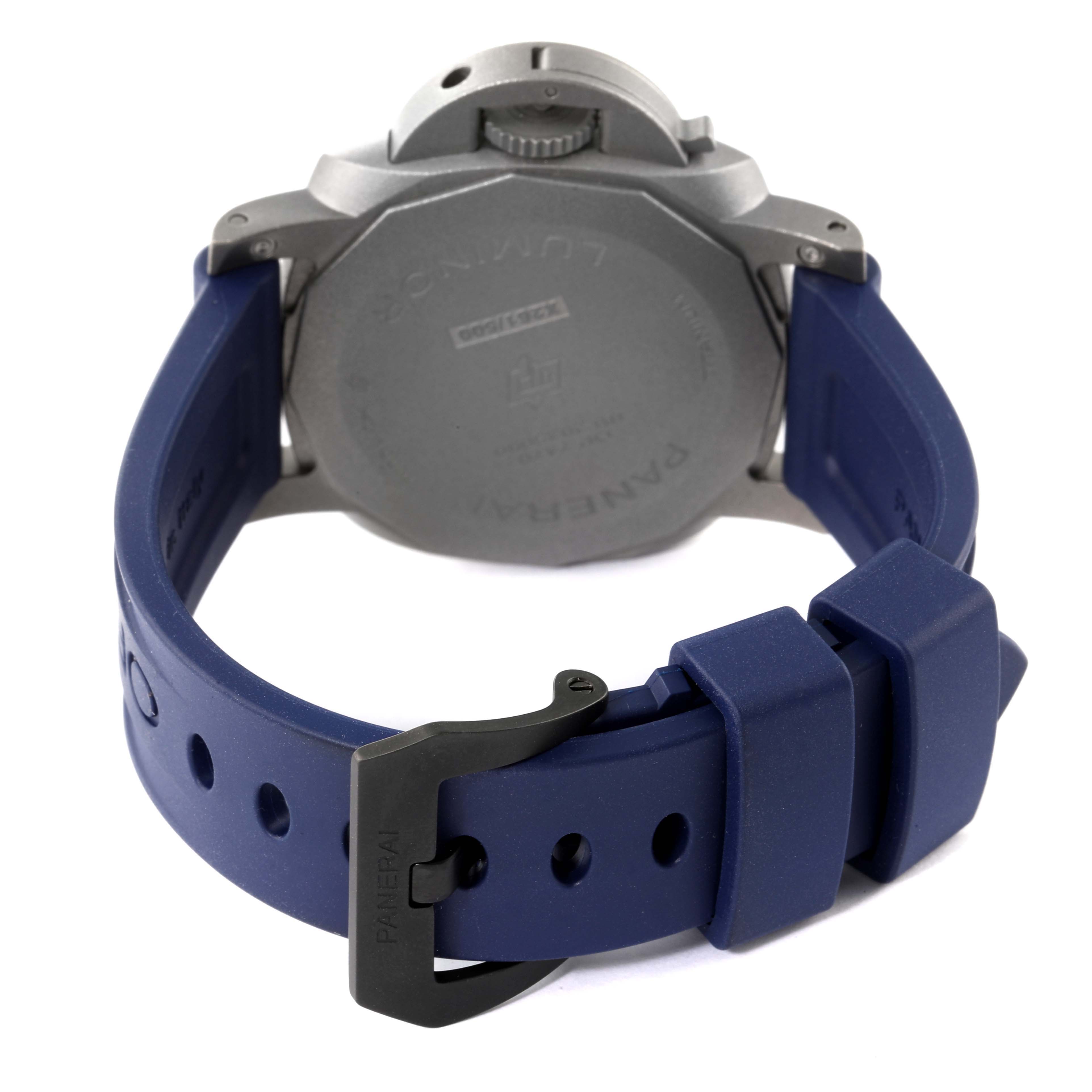 This is the rear view of a Panerai Luminor PAM01279 Men's Titanium Blue Dial PAM01279 Men's Titanium Blue Dial watch showcasing its case back and blue rubber strap with a clasp.
