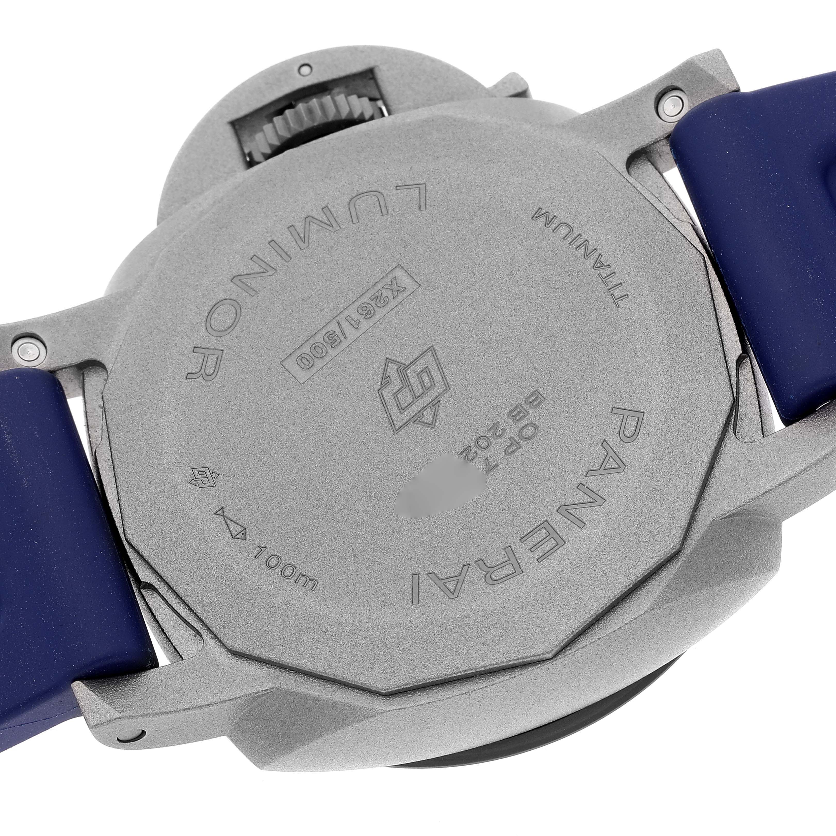 The image shows the back case and part of the blue strap of a Panerai Luminor PAM01279 Men's Titanium Blue Dial PAM01279 Men's Titanium Blue Dial watch at a slight angle.