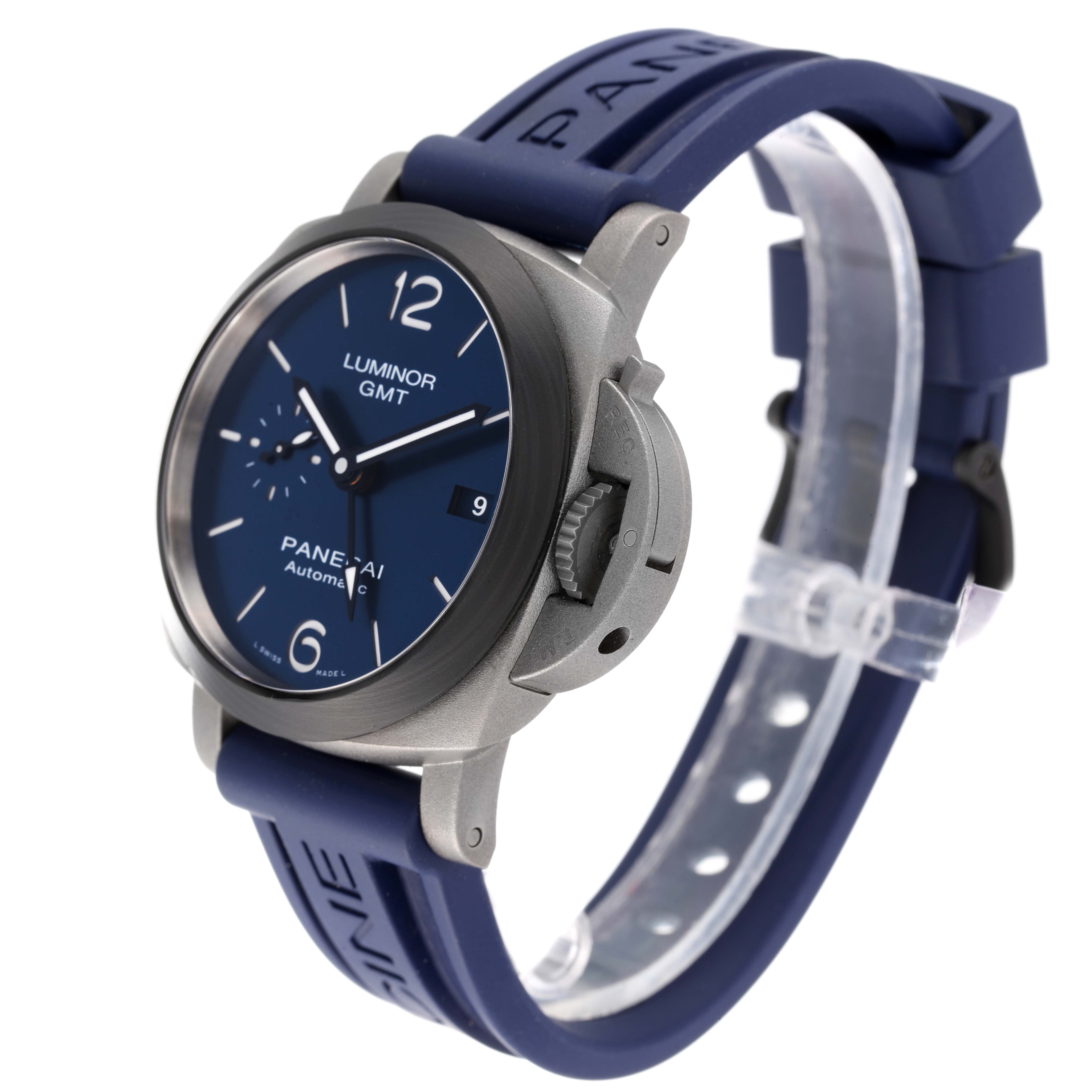 The image shows a front angled view of a Panerai Luminor PAM01279 Men's Titanium Blue Dial PAM01279 Men's Titanium Blue Dial GMT watch with a blue dial and strap.