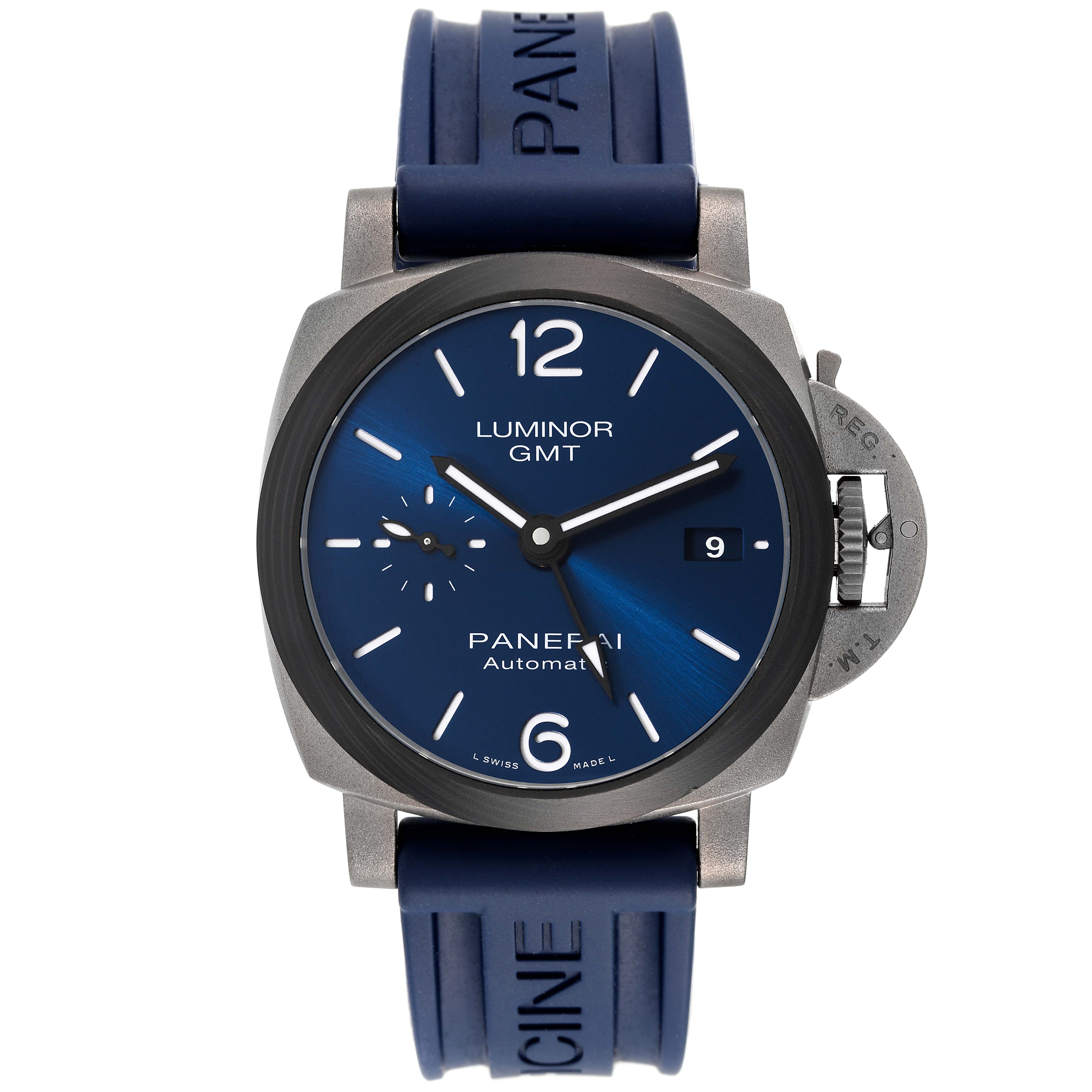 This image shows a front view of the Panerai Luminor PAM01279 Men's Titanium Blue Dial PAM01279 Men's Titanium Blue Dial watch, highlighting its blue dial, rubber strap, and crown guard.