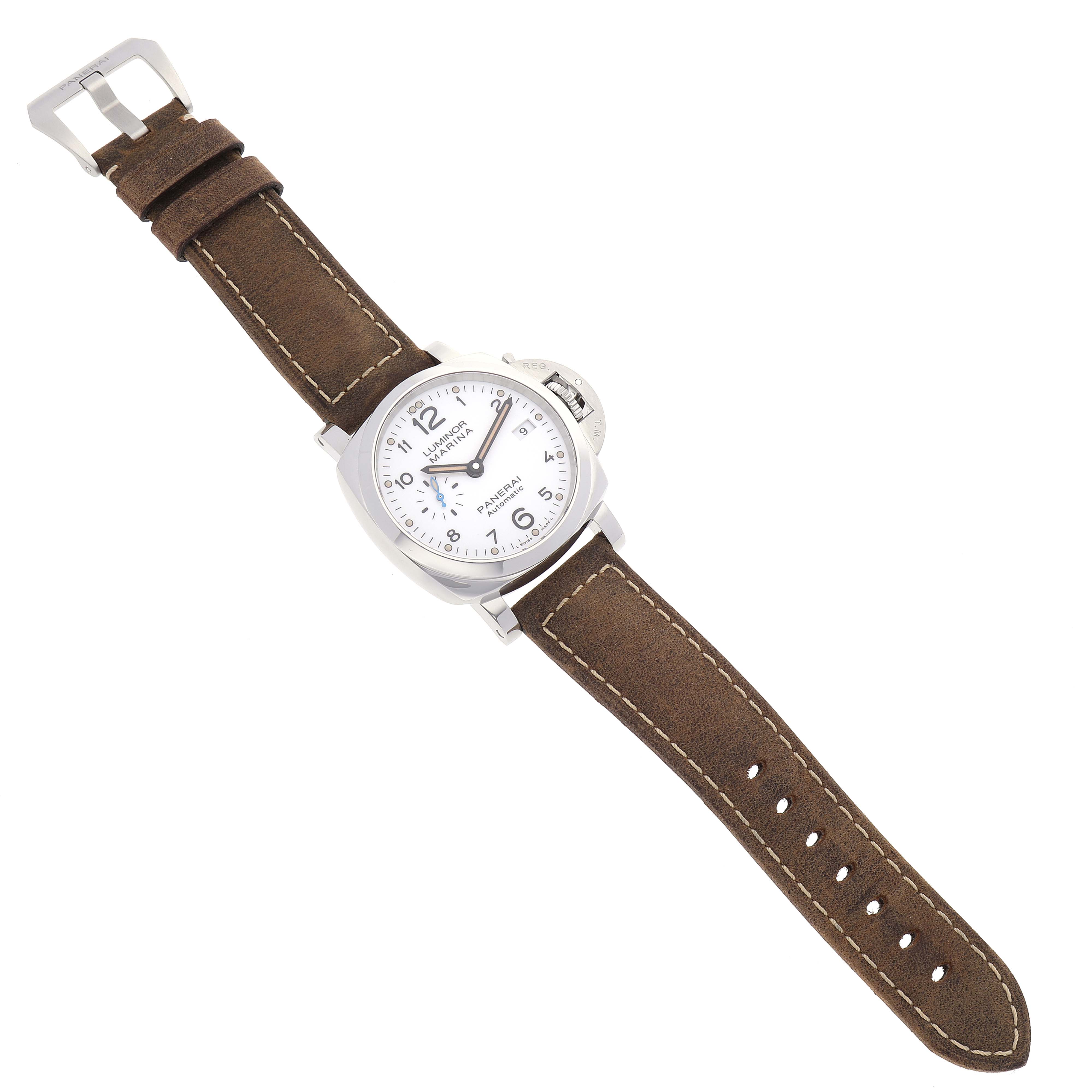 The image shows a top-down view of a Panerai Luminor PAM01523 Men's Stainless Steel White Dial PAM01523 Men's Stainless Steel White Dial watch with a brown leather strap and white dial.