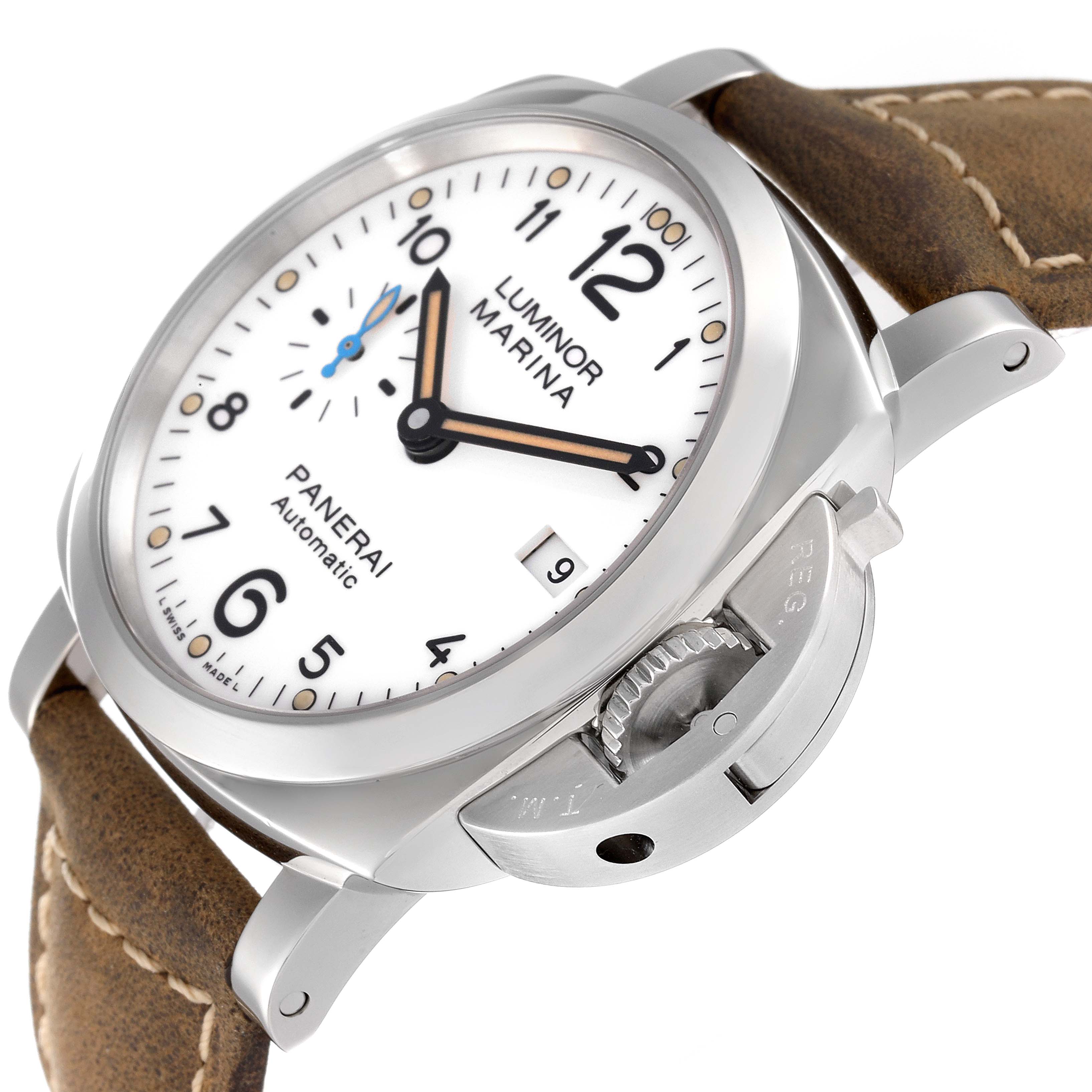 The image shows a close-up angle of the watch face and crown guard of the Panerai Luminor PAM01523 Men's Stainless Steel White Dial PAM01523 Men's Stainless Steel White Dial model.