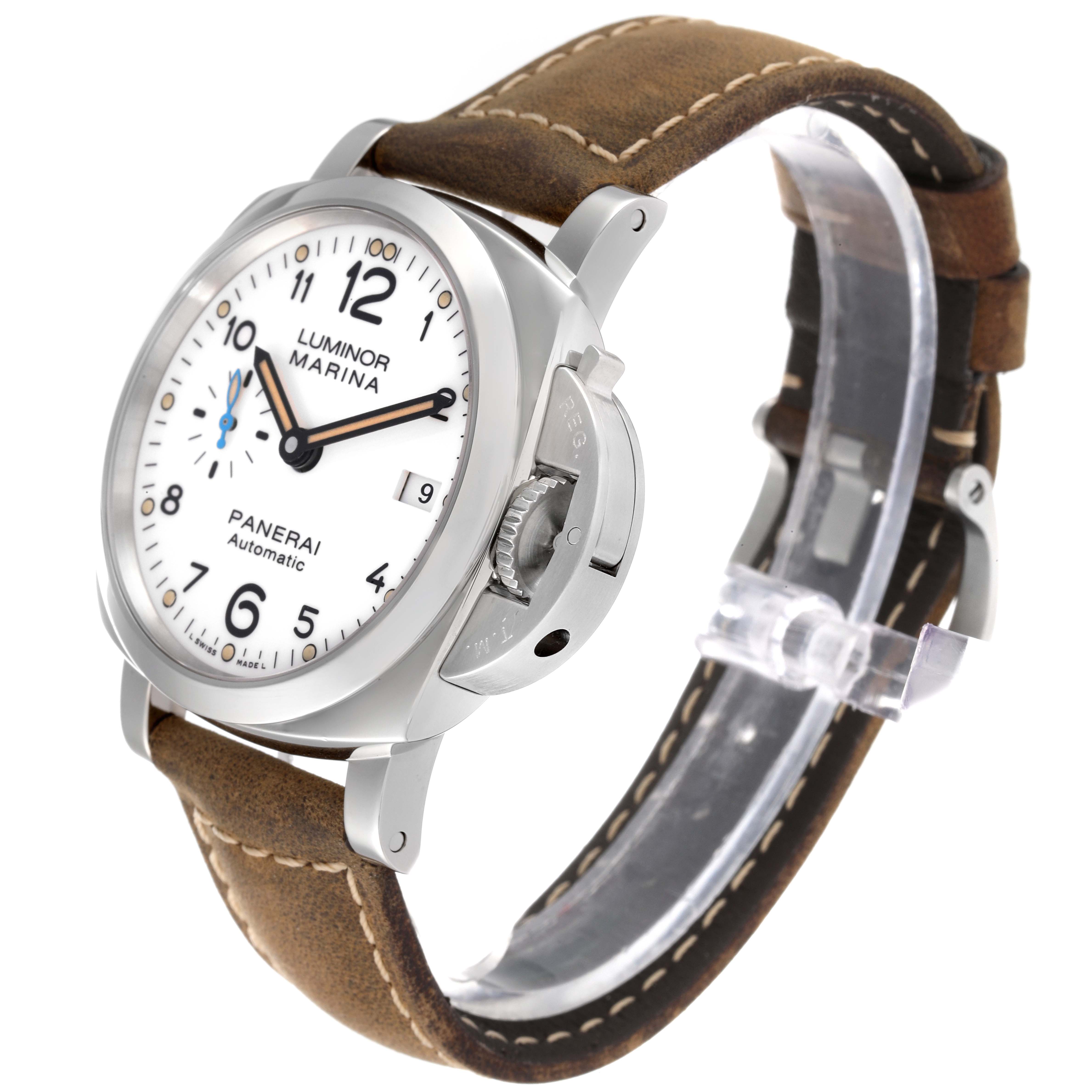 The Panerai Luminor PAM01523 Men's Stainless Steel White Dial PAM01523 Men's Stainless Steel White Dial watch is shown at a three-quarter angle, highlighting the dial, crown guard, and leather strap.