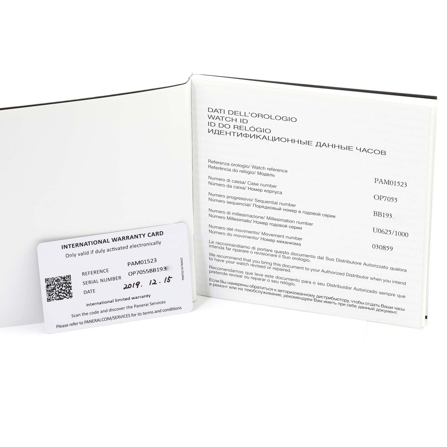 This image shows the international warranty card and information booklet for the Panerai Luminor PAM01523 Men's Stainless Steel White Dial PAM01523 Men's Stainless Steel White Dial model PAM01523.