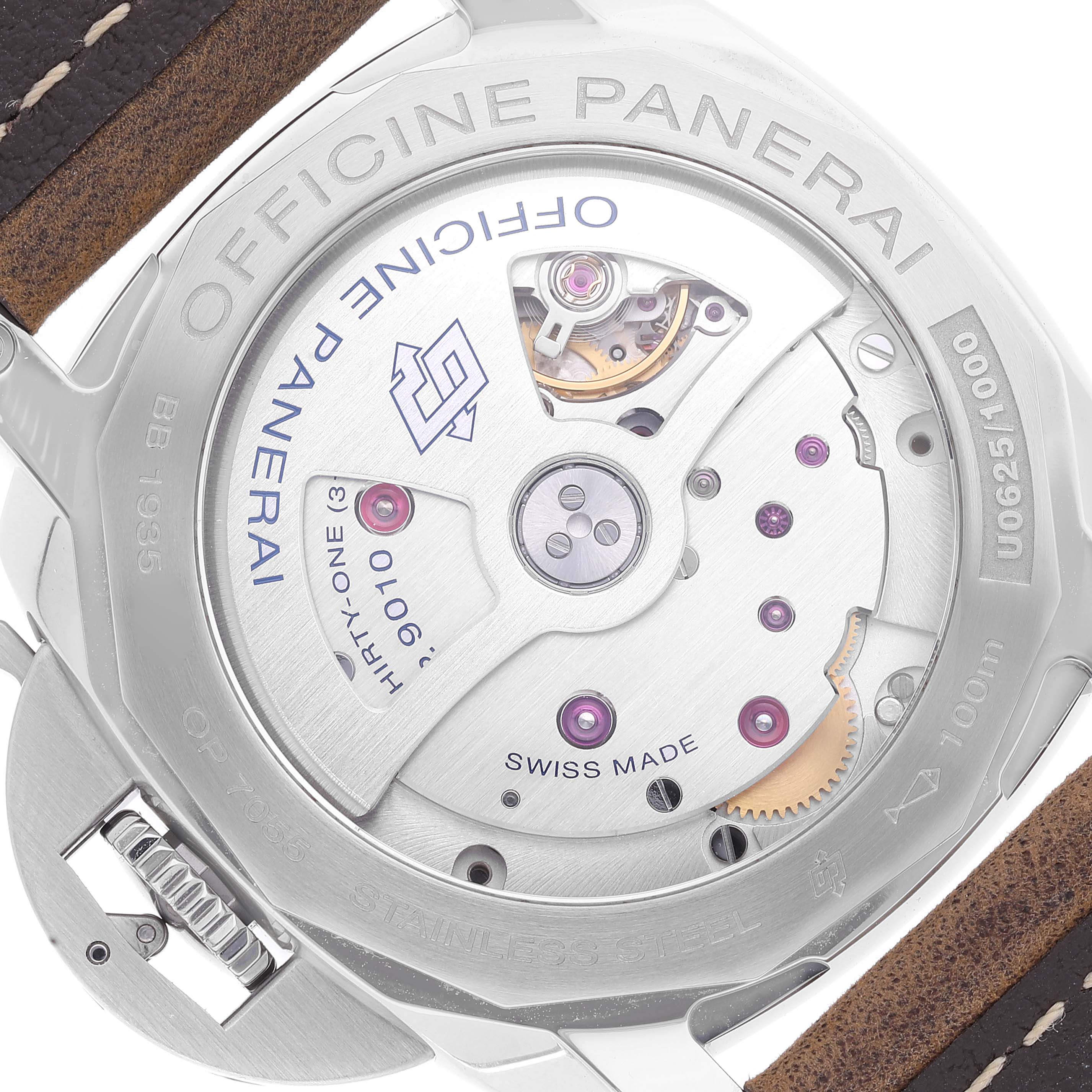 This image shows the case back of a Panerai Luminor PAM01523 Men's Stainless Steel White Dial PAM01523 Men's Stainless Steel White Dial watch, revealing the internal movement and branding engravings.